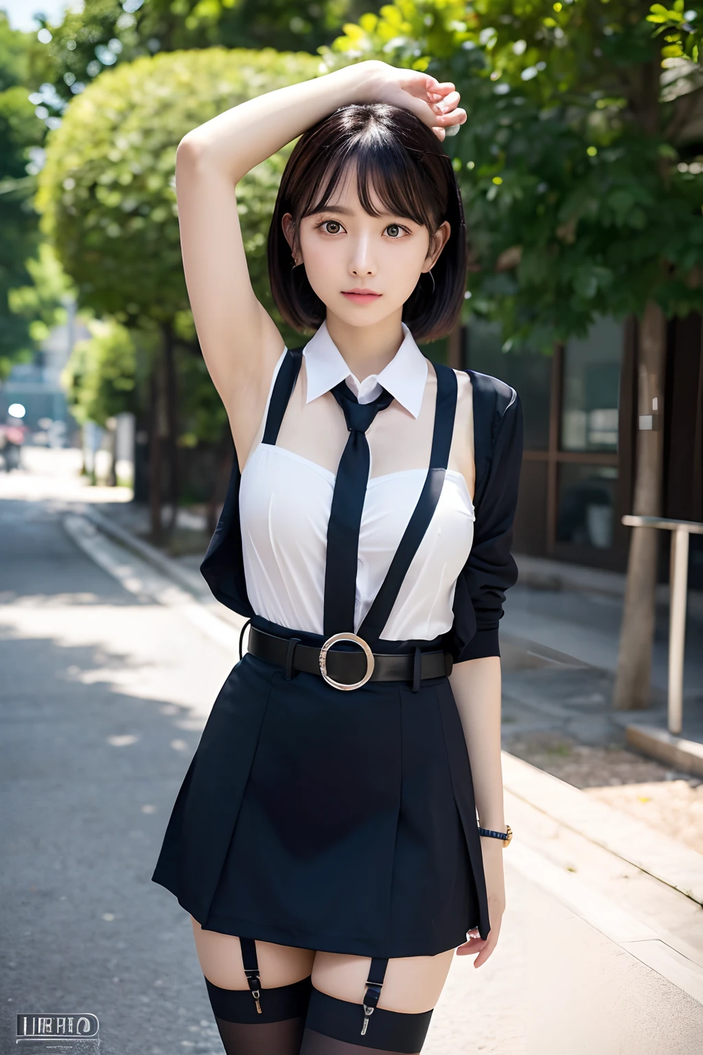 (masutepiece:1.2),High quality,vivd colour,flat-colors,Deep Depth Of Field,Lens Flare,1 girl,Black hair,eyecontact,Suit,Collared shirt,Belt bag,suspenders,Professional,Office Lady,Mature Women,Black mini skirt garterbelts knee high Stockings Black Niso Colorcon armpit sweat perspiring Side of both hands,Black jacket,Gaze,ample bosom,Armpit sweat,Exposing the armpits"Pichi Pichi clothes