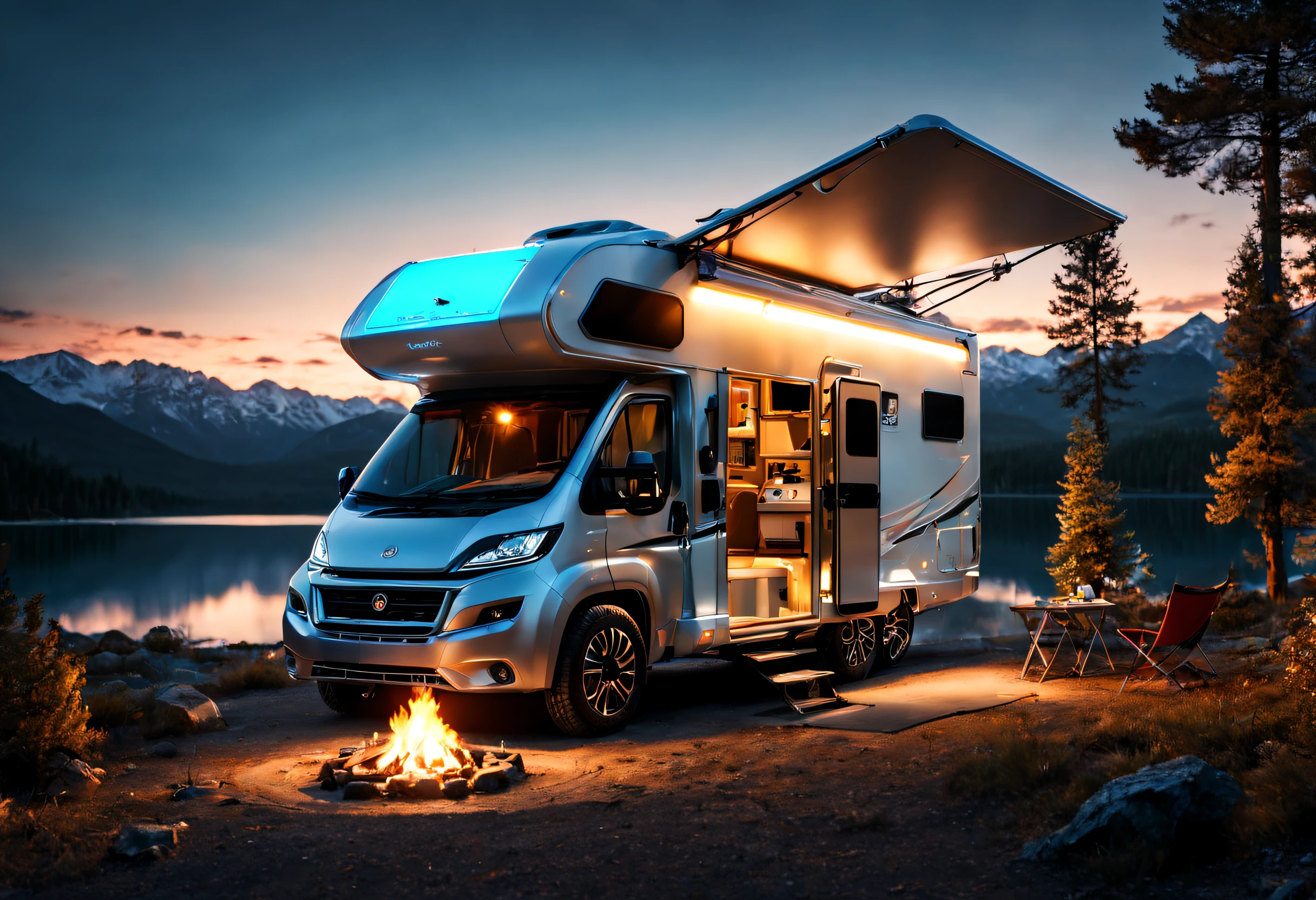 ((Amazing quality, Award-Awarded, Superior quality, Masterpiece, intricately details, Extremely detailed, photograph realistic, Ultra photo realsisim, 32K, filmgrain)), (A high-tech futuristic RV made of Gundam mech materials, Sci-fi from start to finish,Details with metallic ice texture,Mechanical technology process manufacturing of the future,metallic luster,Beautiful motorhome),(The door is open,You can see the luxurious interior with the decoration inside,neonlight,Laser bed, Holographic body), Hover over the ground,cozily, camping, Small campfire, pines, Cloud, Mountain lake background, vivd colour, voluminetric lighting, Global illumination, k hd