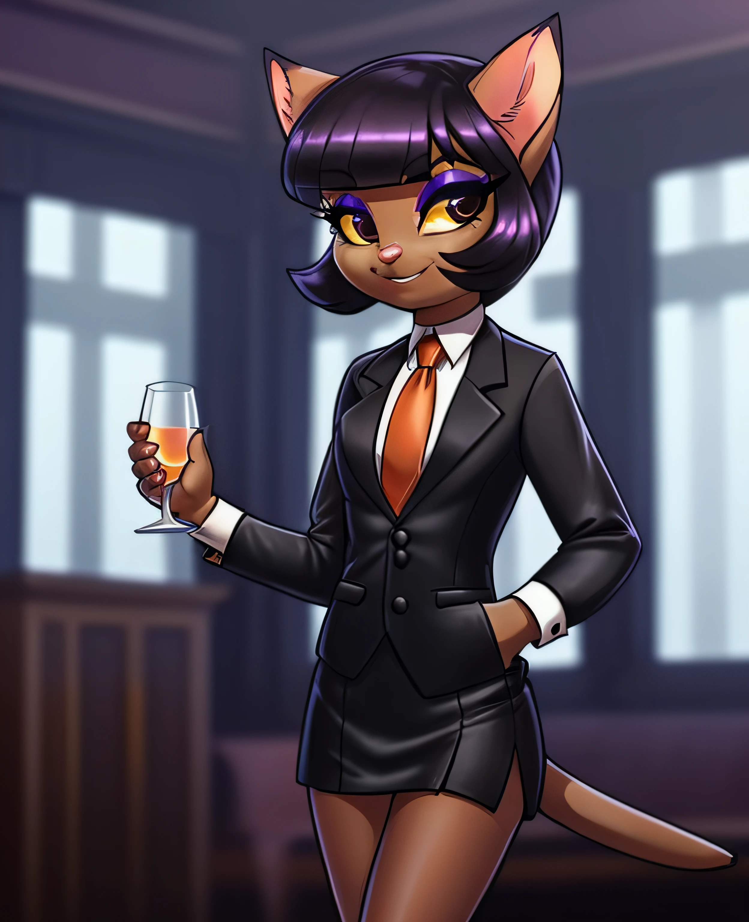 female, (Detailed face), (solo:1.1), [(thin:1.1) : small petite : (ivy pepper):4], (Detailed face), (more details, detailed background:1.1), (tail:1.1), smile, holding a glass in hand, satin skirt suit, pinstripe suit and tie, (((three-piece suit))), ((suit jacket with waistcoat)), silk dress shirt, shirt and tie, striped necktie, (((blazer))), (((suit jacket))), (((open jacket))), ((waistcoat)), (((bodycon miniskirt))), tights, (((pocket square))), (((tie clip))), (((cufflinks))), (((tail))), makeup, eyeshadow, shiny eyeshadow, bedroom eyes