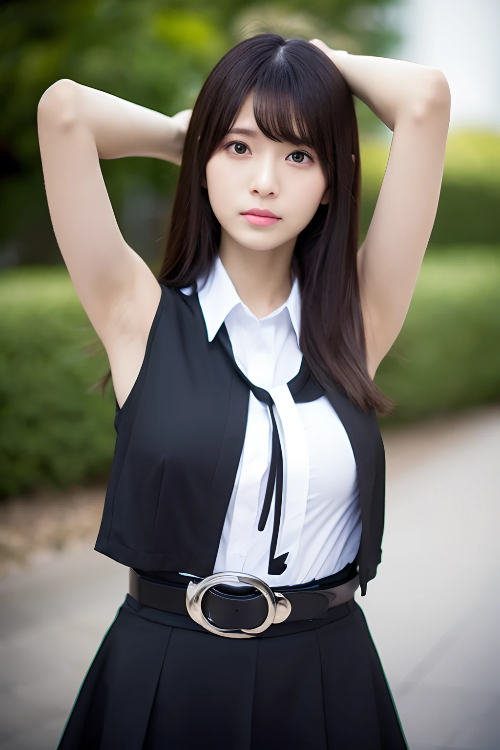 (masutepiece:1.2),High quality,vivd colour,flat-colors,Deep Depth Of Field,Lens Flare,1 girl,Black hair,eyecontact,Suit,Collared shirt,Belt bag,suspenders,Professional,Office Lady,Mature Women,Black mini skirt garterbelts knee high Stockings Black Niso Colorcon armpit sweat perspiring Side of both hands,Black jacket,Gaze,ample bosom,Armpit sweat,Exposing the armpits"Pichi Pichi clothes