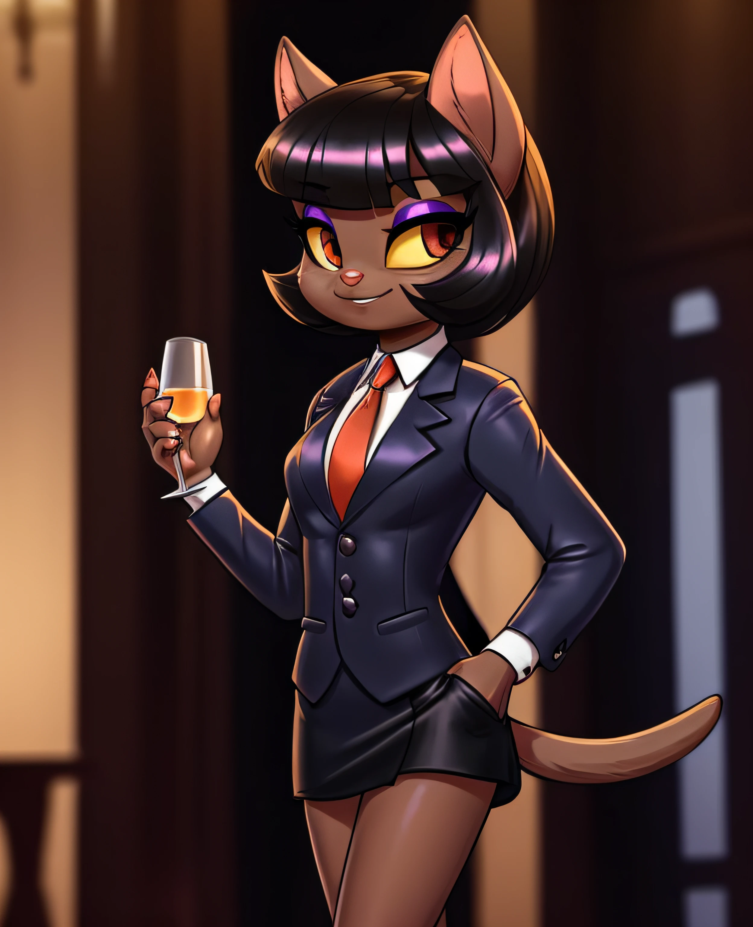 female, (Detailed face), (solo:1.1), [(thin:1.1) : small petite : (ivy pepper):4], (Detailed face), (more details, detailed background:1.1), (tail:1.1), smile, holding a glass in hand, satin skirt suit, pinstripe suit and tie, (((three-piece suit))), ((suit jacket with waistcoat)), silk dress shirt, shirt and tie, striped necktie, (((blazer))), (((suit jacket))), (((open jacket))), ((waistcoat)), (((bodycon miniskirt))), tights, (((pocket square))), (((tie clip))), (((cufflinks))), (((tail))), makeup, eyeshadow, shiny eyeshadow, bedroom eyes