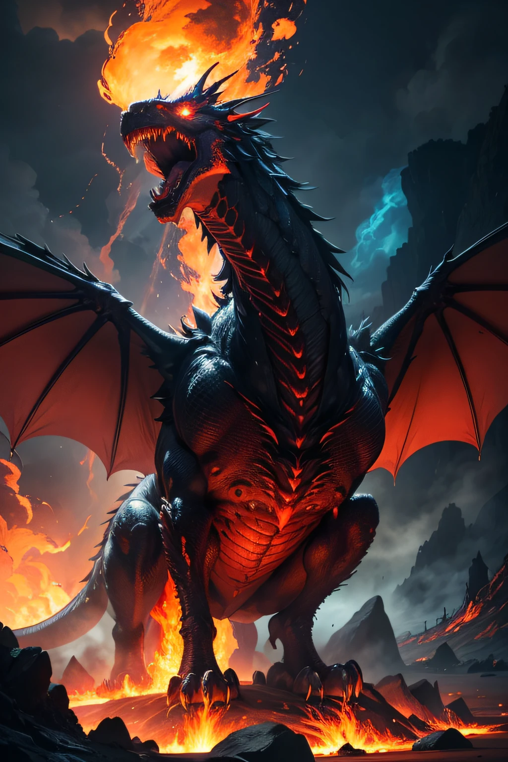 "A fearsome dragon soaring above a fiery landscape, its massive wings spread wide and casting a shadow over the land. The dragon's scales glisten with an eerie, metallic sheen, reflecting the intense flames below. Its eyes blaze with ancient, untamed power, and its maw is open in a fearsome roar, revealing rows of razor-sharp teeth. Smoke and embers swirl around its formidable form, adding to the sense of chaos and destruction. The background features towering mountains and a dark, stormy sky, with lightning illuminating the scene, highlighting the dragon's majestic and terrifying presence. Highly detailed, hyper-realistic, dramatic lighting, dynamic composition."
