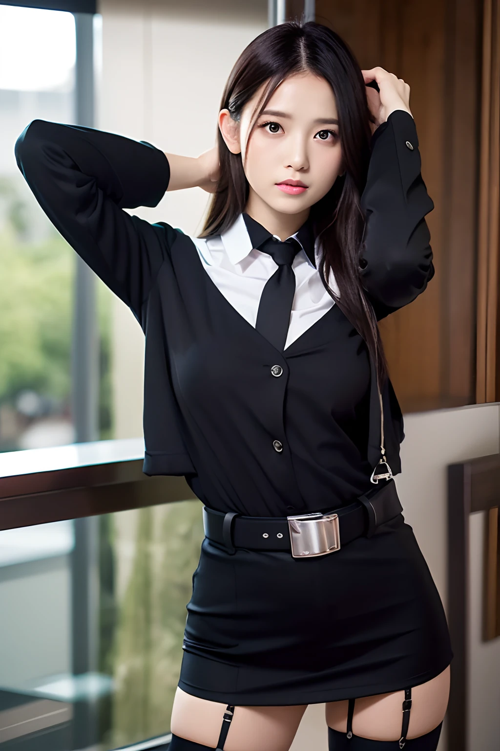 (masutepiece:1.2),High quality,vivd colour,flat-colors,Deep Depth Of Field,Lens Flare,1 girl,Black hair,eyecontact,Suit,Collared shirt,Belt bag,suspenders,Professional,Office Lady,Mature Women,Black mini skirt　garterbelts　knee high　Stockings　Black Niso　Colorcon armpit sweat　perspiring　Side of both hands,Black jacket,Gaze,ample bosom,Armpit sweat,Exposing the armpits"Pichi Pichi clothes