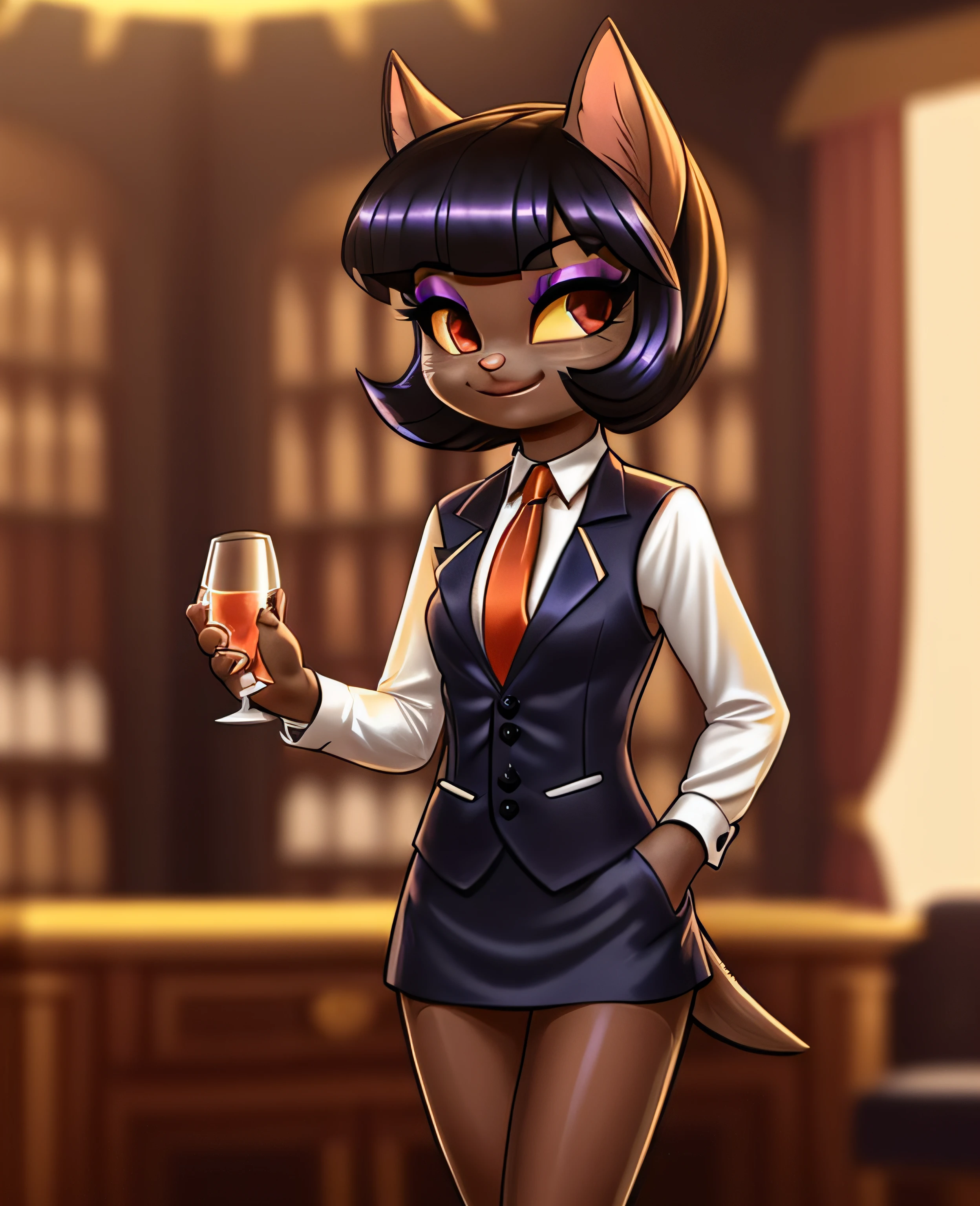 female, (Detailed face), (solo:1.1), [(thin:1.1) : small petite : (ivy pepper):4], (Detailed face), (more details, detailed background:1.1), (tail:1.1), smile, holding a glass in hand, satin skirt suit, pinstripe suit and tie, (((three-piece suit))), ((suit jacket with waistcoat)), silk dress shirt, shirt and tie, striped necktie, (((blazer))), (((suit jacket))), (((open jacket))), ((waistcoat)), (((bodycon miniskirt))), tights, (((pocket square))), (((tie clip))), (((cufflinks))), (((tail))), makeup, eyeshadow, shiny eyeshadow, bedroom eyes