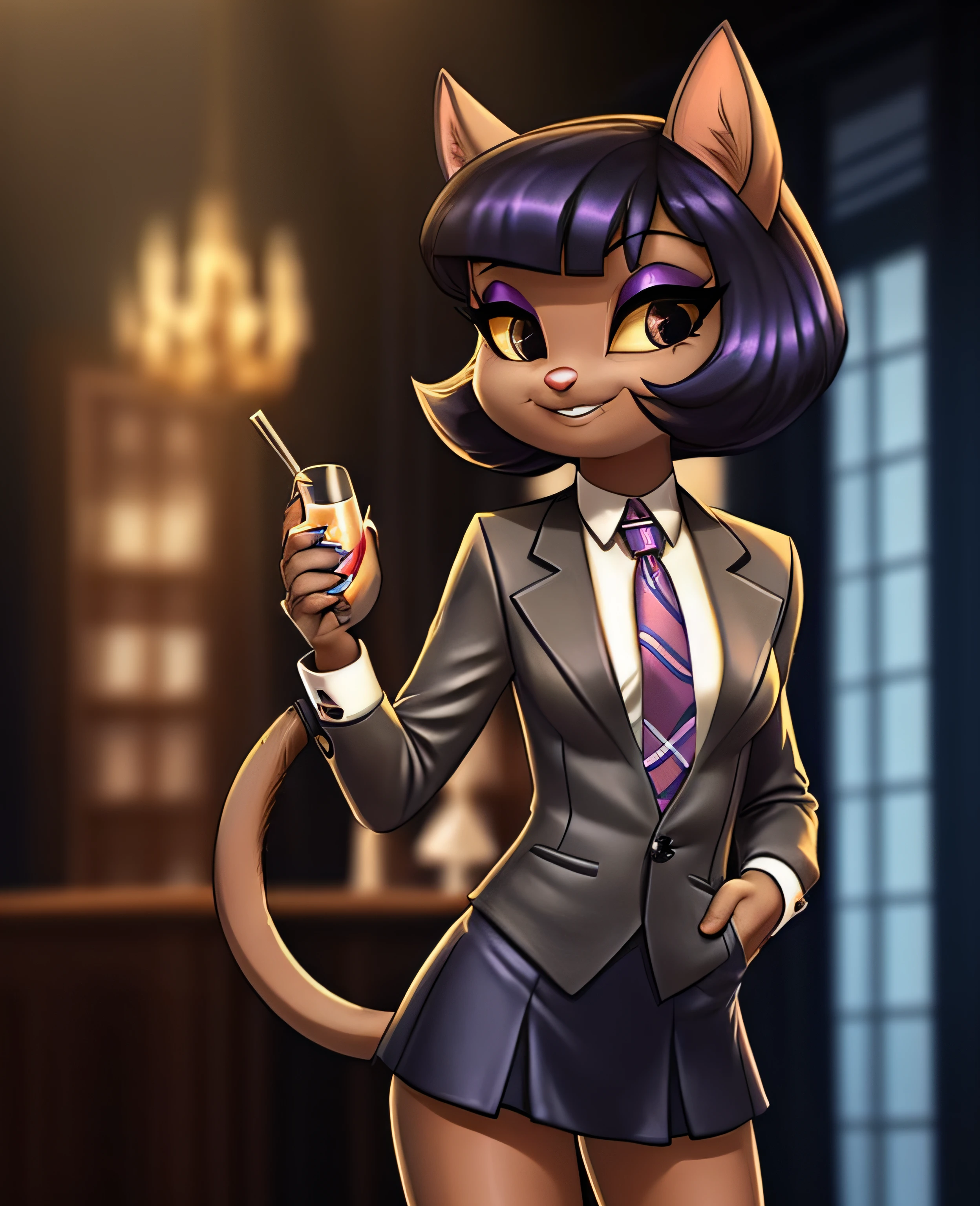 female, (Detailed face), (solo:1.1), [(thin:1.1) : small petite : (ivy pepper):4], (Detailed face), (more details, detailed background:1.1), (tail:1.1), smile, holding a glass in hand, satin skirt suit, pinstripe suit and tie, (((three-piece suit))), ((suit jacket with waistcoat)), silk dress shirt, shirt and tie, striped necktie, (((blazer))), (((suit jacket))), (((open jacket))), ((waistcoat)), (((bodycon miniskirt))), tights, (((pocket square))), (((tie clip))), (((cufflinks))), (((tail))), makeup, eyeshadow, shiny eyeshadow, bedroom eyes