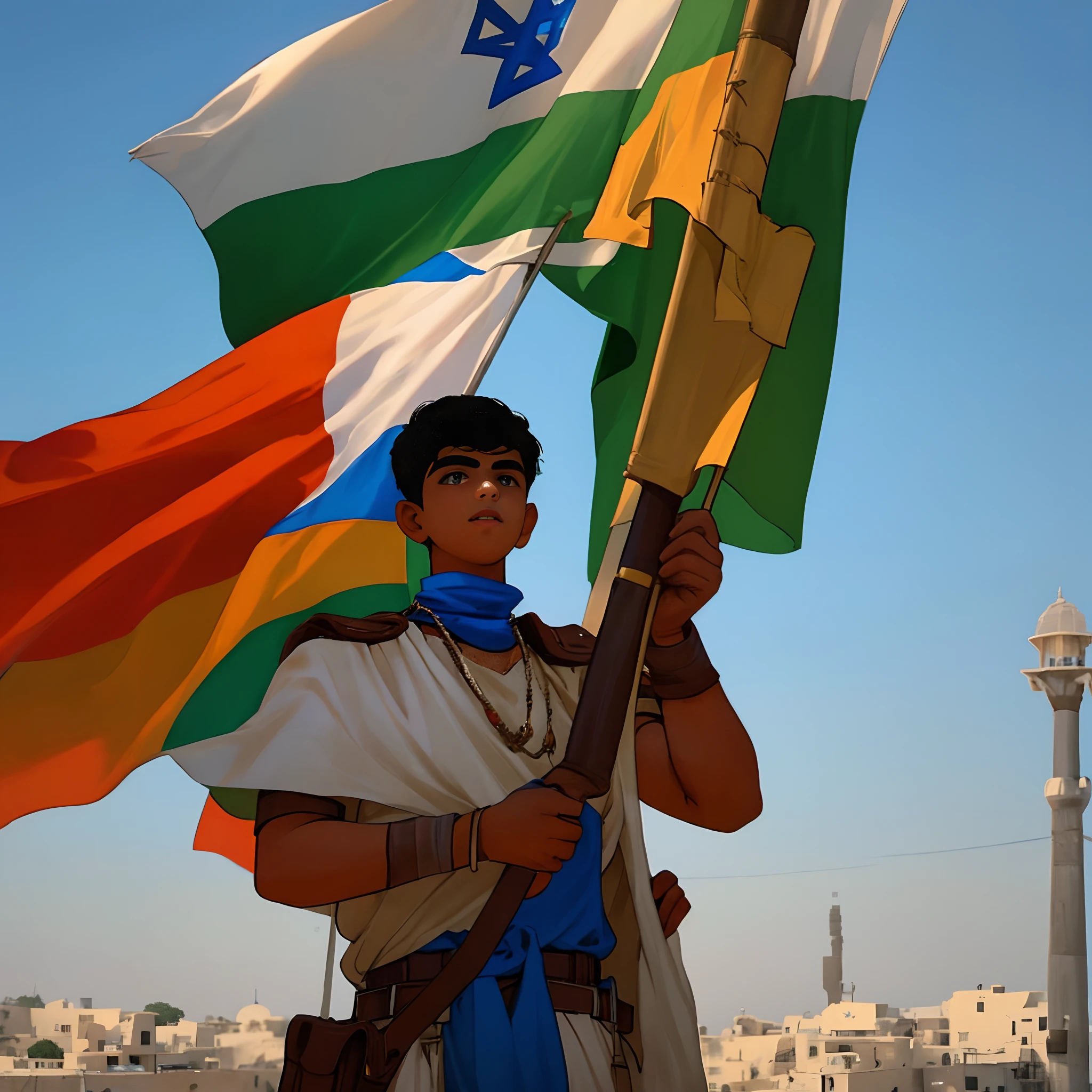 Indian boy proudly supporting Israel. The boy is holding both the Indian and Israeli flags