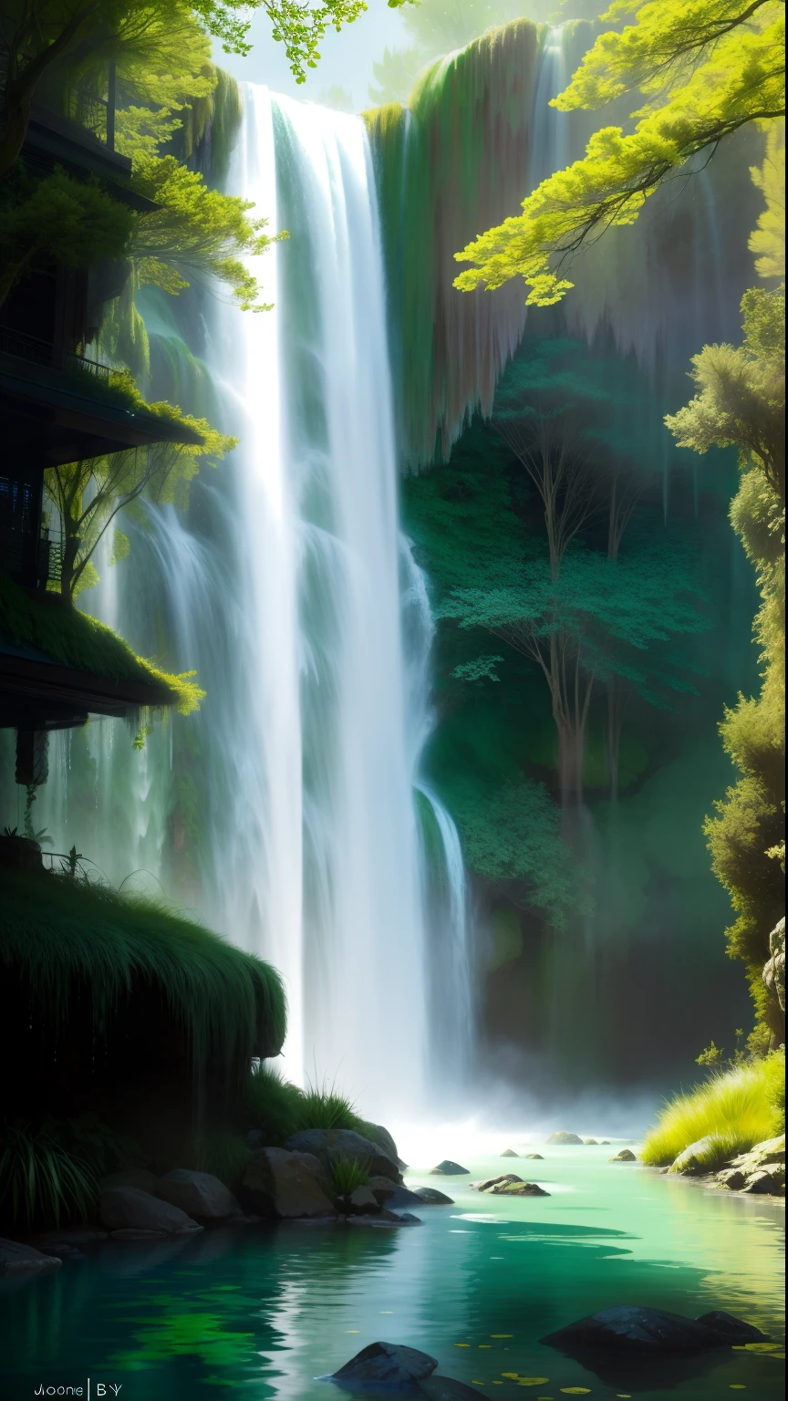 1girl,dryad, Standing taking a shower under the jets of the waterfall, In the style of light green and dark green, Dreamy and romantic compositions, pale green, Ethereal foliage, Playful arrangements,Fantasy, High contrast, ink strokes, explosions, over exposure, Green Tint Imprint , abstract, ((watercolor painting by John Berkey and Jeremy Mann )) brush strokes, negative space, Makeup artists do makeup for celebrities，(Masterpiece:1.2), Best Quality, Masterpiece, hight resolution, Original, extremely detailed wallpaper, perfect  lighting,(extremely detailed CGI:1.2),