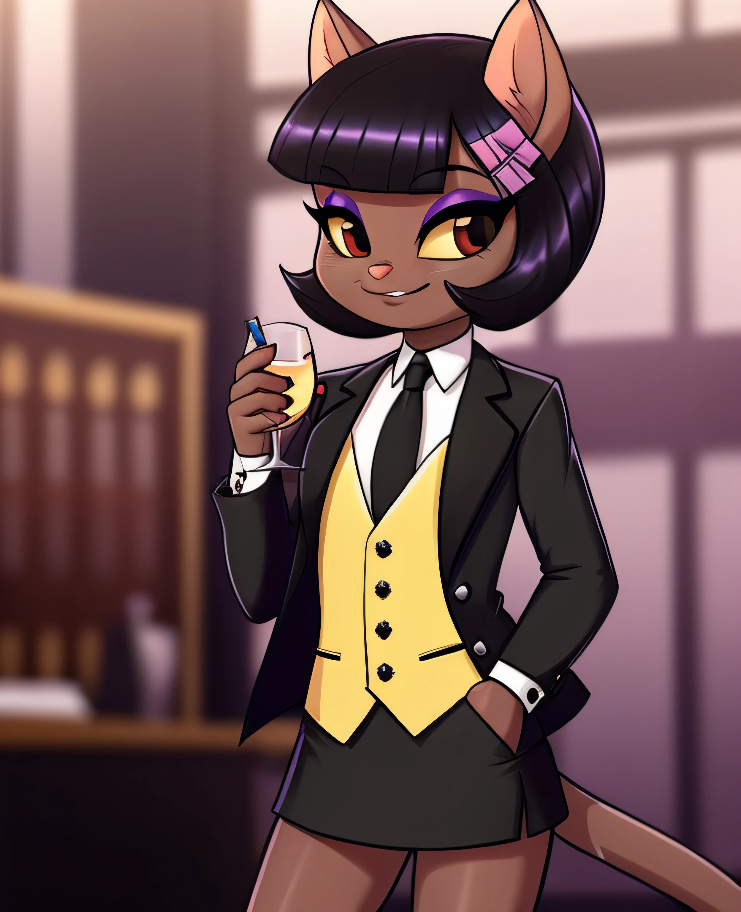 female, (Detailed face), (solo:1.1), [(thin:1.1) : small petite : (ivy pepper):4], (Detailed face), (more details, detailed background:1.1), (tail:1.1), smile, holding a glass in hand, satin skirt suit, pinstripe suit and tie, (((three-piece suit))), ((suit jacket with waistcoat)), silk dress shirt, shirt and tie, striped necktie, (((blazer))), (((suit jacket))), (((open jacket))), ((waistcoat)), (((bodycon miniskirt))), tights, (((pocket square))), (((tie clip))), (((cufflinks))), (((tail))), makeup, eyeshadow, shiny eyeshadow, bedroom eyes