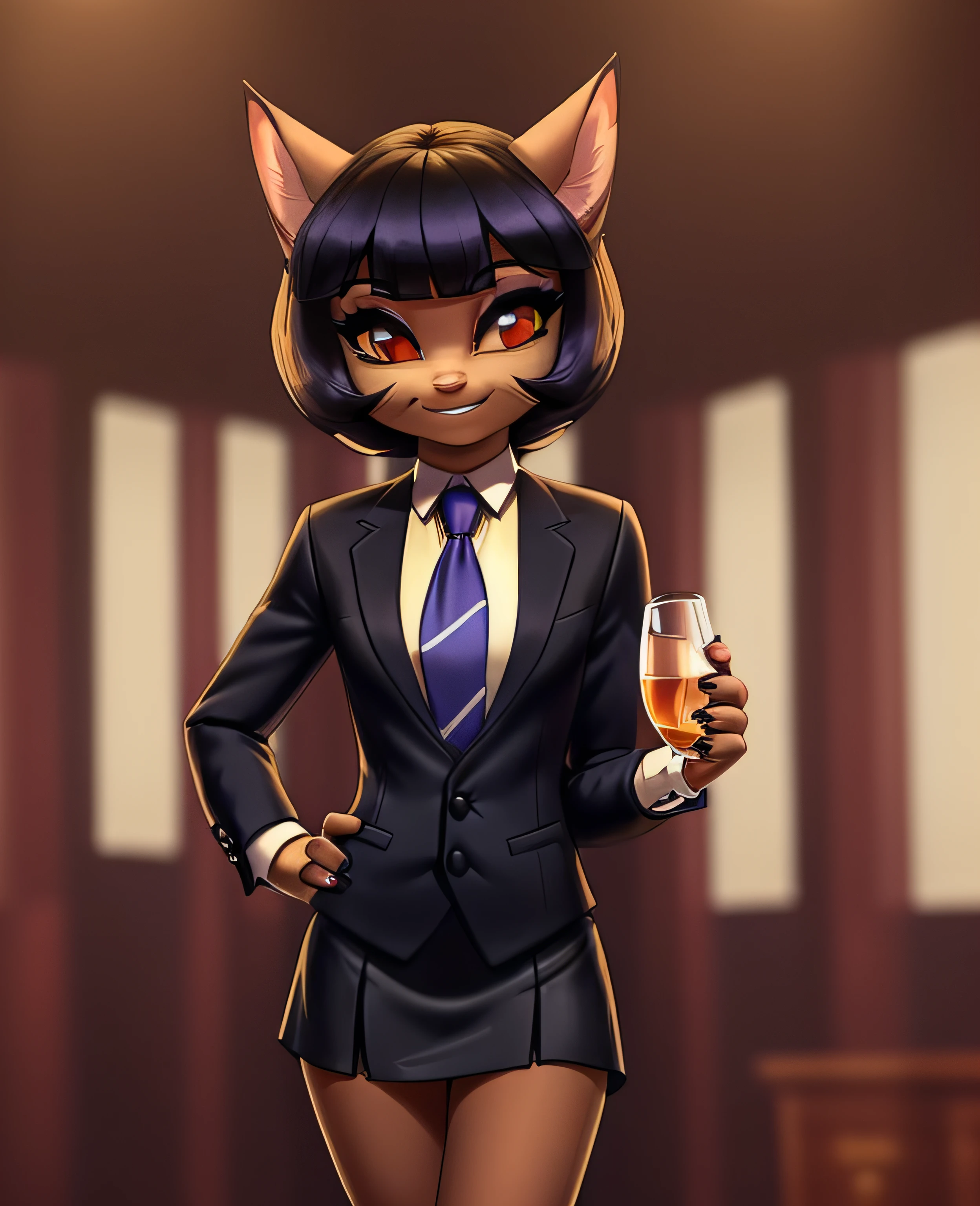 female, (Detailed face), (solo:1.1), [(thin:1.1) : small petite : (ivy pepper):4], (Detailed face), (more details, detailed background:1.1), (tail:1.1), smile, holding a glass in hand, satin skirt suit, pinstripe suit and tie, (((three-piece suit))), ((suit jacket with waistcoat)), silk dress shirt, shirt and tie, striped necktie, (((blazer))), (((suit jacket))), (((open jacket))), ((waistcoat)), (((bodycon miniskirt))), tights, (((pocket square))), (((tie clip))), (((cufflinks))), (((tail))), makeup, eyeshadow, shiny eyeshadow, bedroom eyes