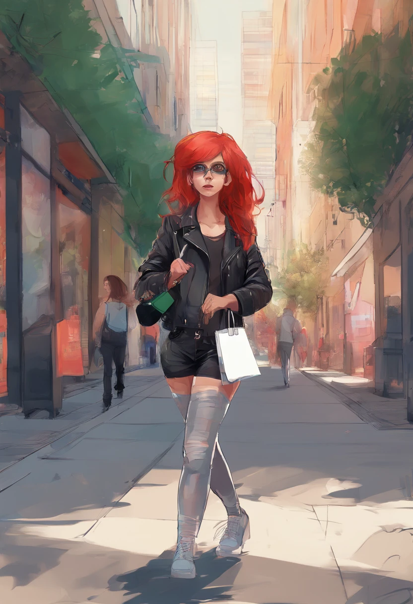 Masterpiece, ultra realistic+++, ultra detailed, 1girl, red hair, blue eye, green eye, white sneakers, leather leggings, crop top, walking down the street, holding shopping bags, teasing smirk, realistic limbs, fit body, realistic body, sunglasses, leather jacket