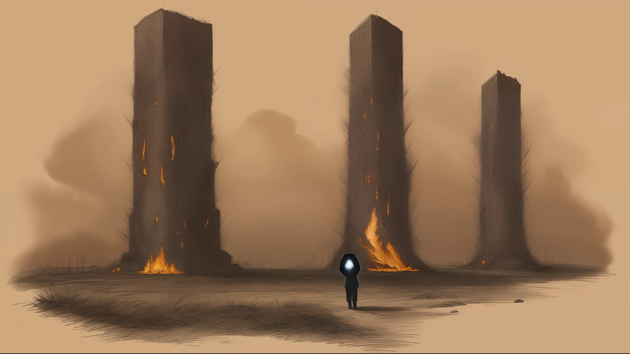 Burning towers,A vague figure knelt on the ground,Look reverently at the tinder in your hand