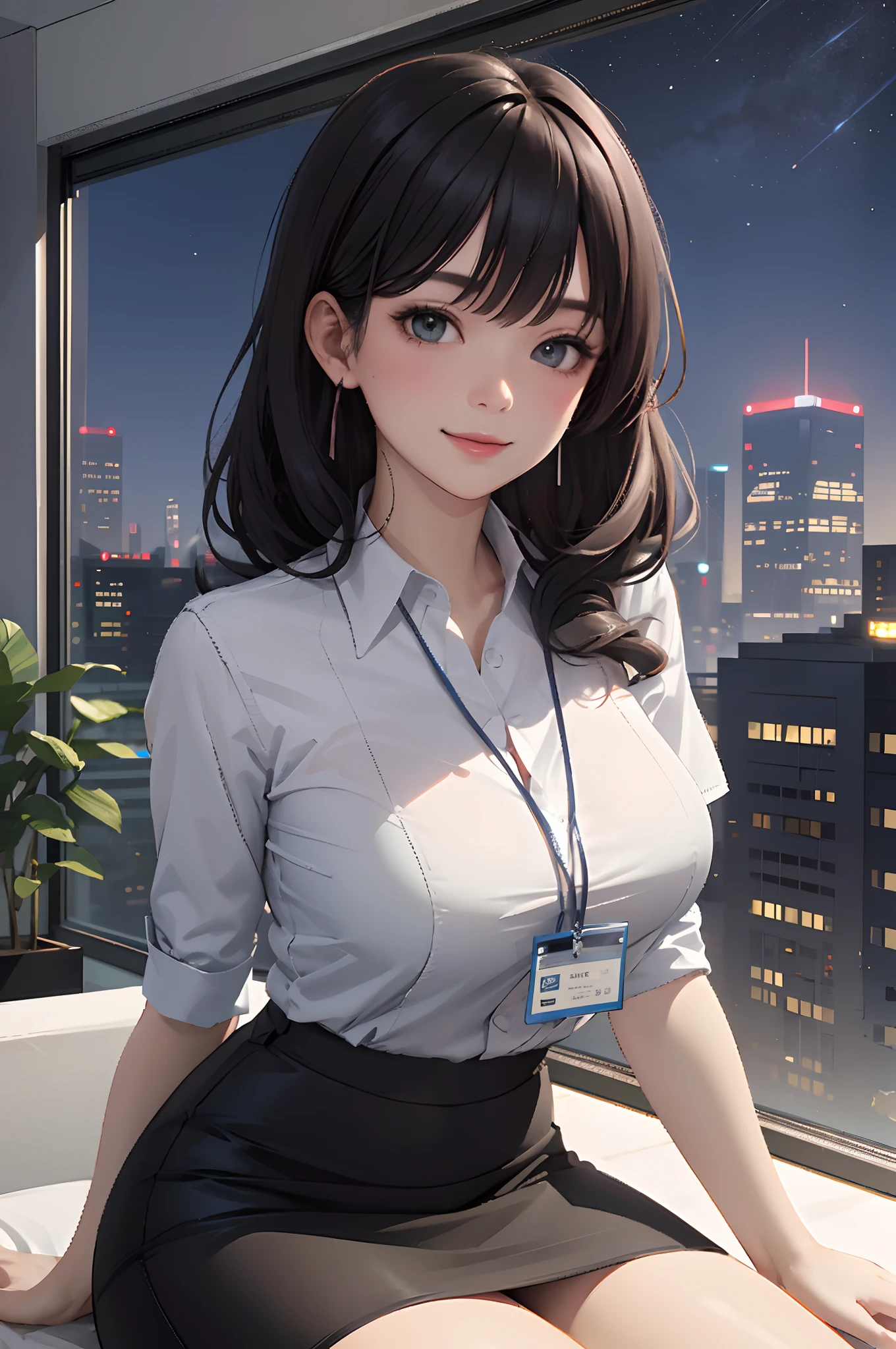 1lady solo office worker, /(casual shirt pencil skirt/) /(id card lanyard/), /(black hair/) bangs, blush kind smile, (masterpiece best quality:1.2) ultra-detailed, large breasts arms down BREAK /(modern office indoors/) (night sky) window skyscraper