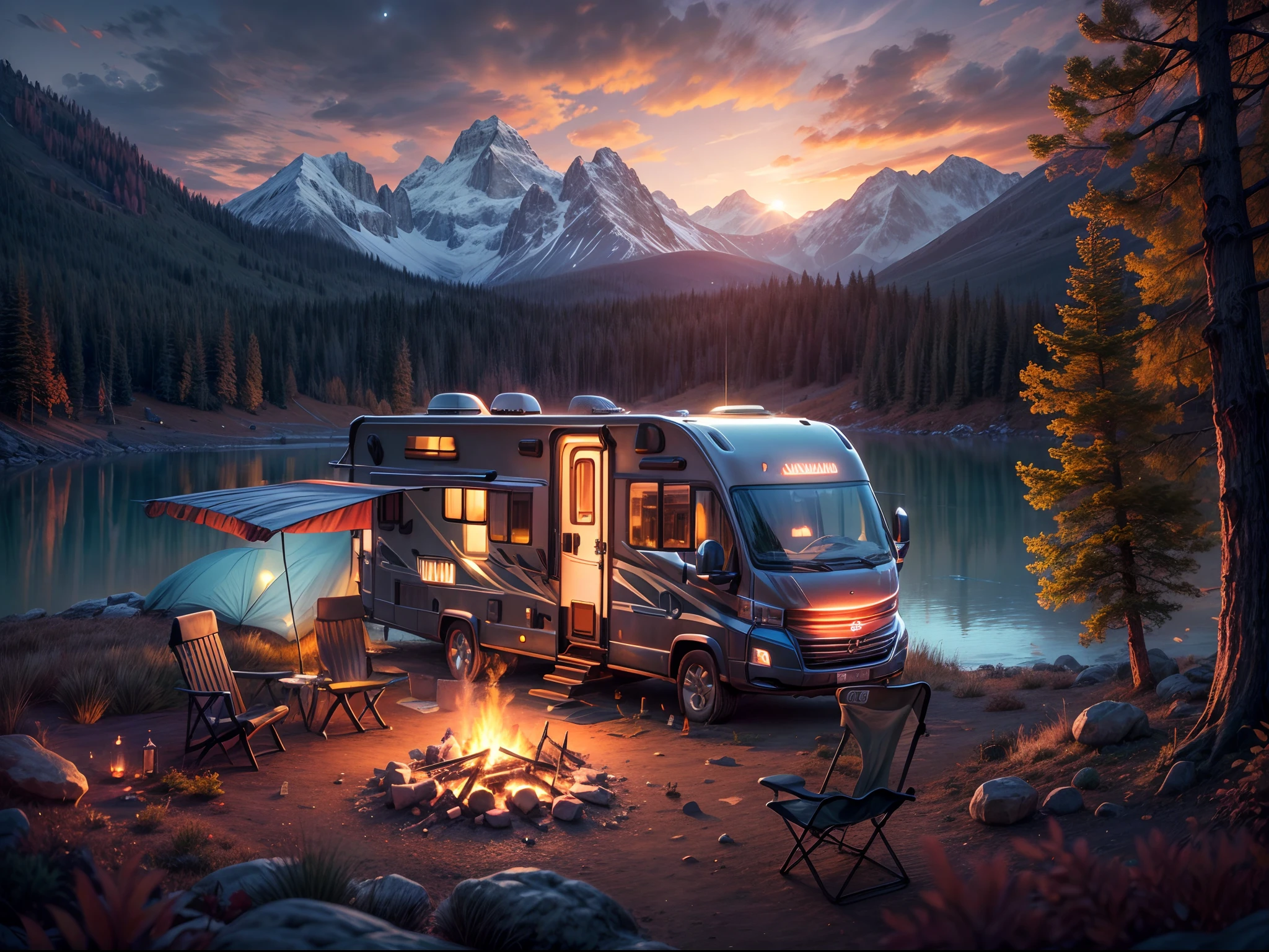 Future Concept Rv Arafed camper parked next to a campfire in a forest - SeaArt AI