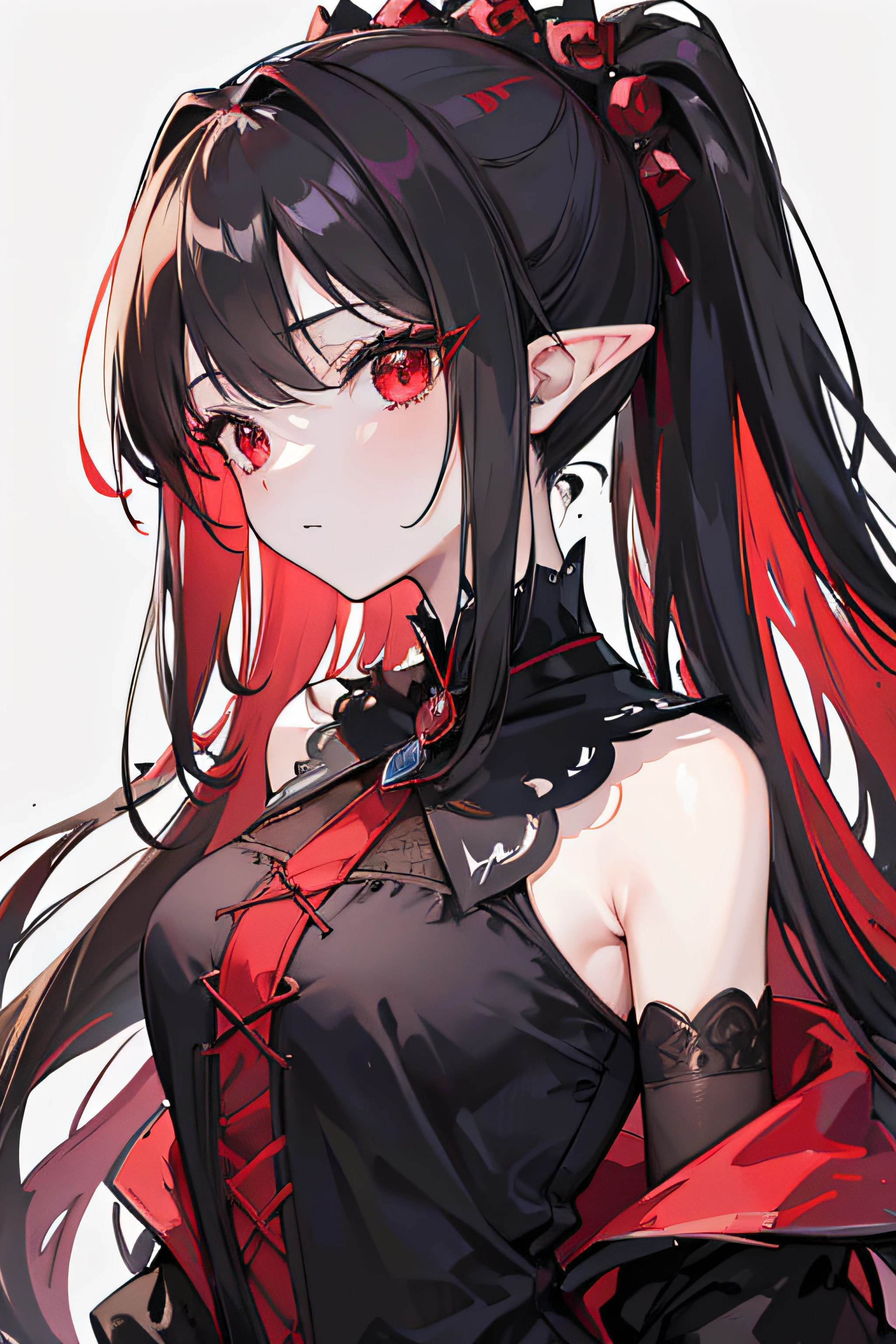 woman, Long black hair, Black dead eyes, fair skin, half-closed eyes, insane smile, pointy ears, very revealing black japanese styled clothes with a some armor