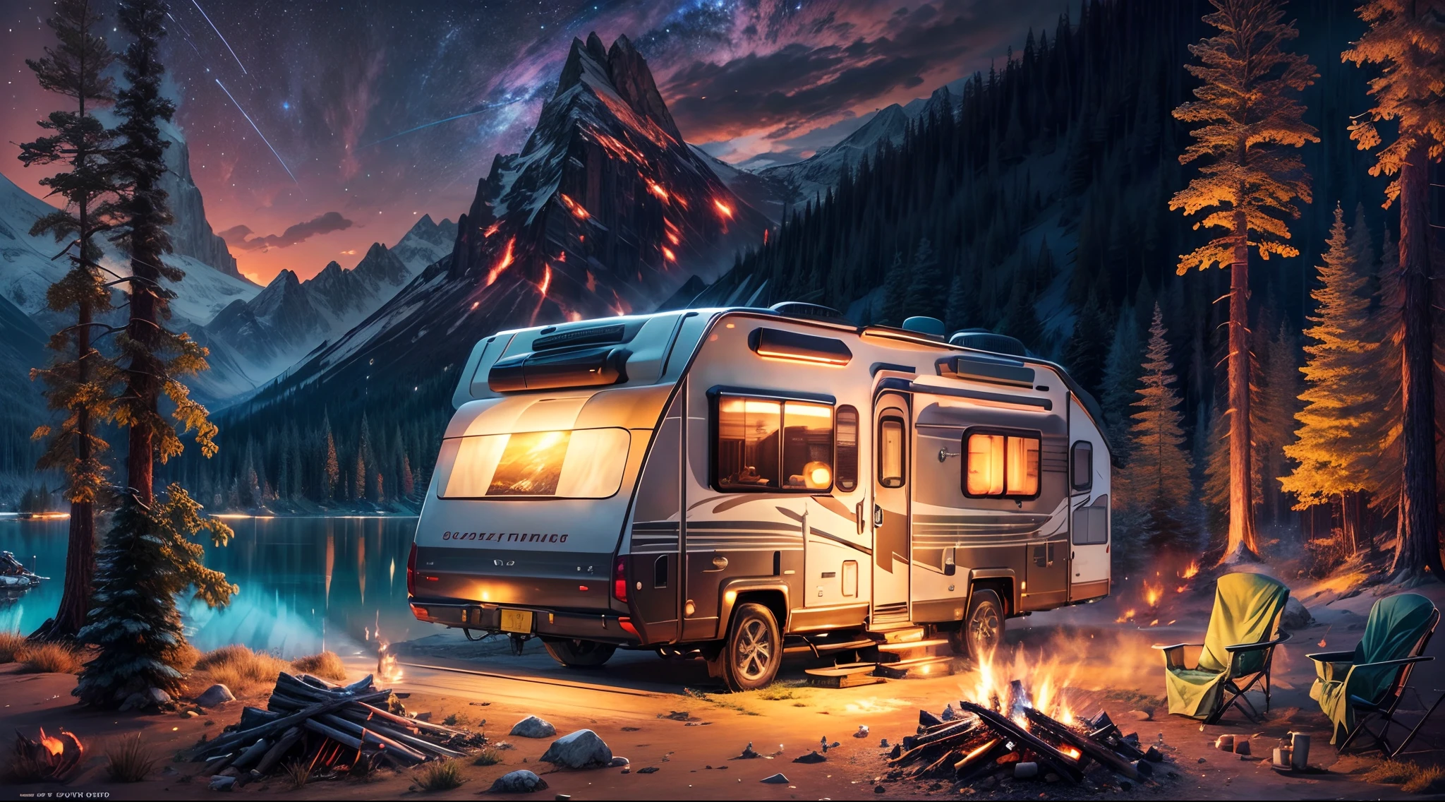 Masterpiece, concept-art, Medium shot, (High-tech future motorhomes:1.2), cozily, camping, Small campfire, pines, Cloud, Mountain lake background, vivd colour, voluminetric lighting, Global illumination, HD