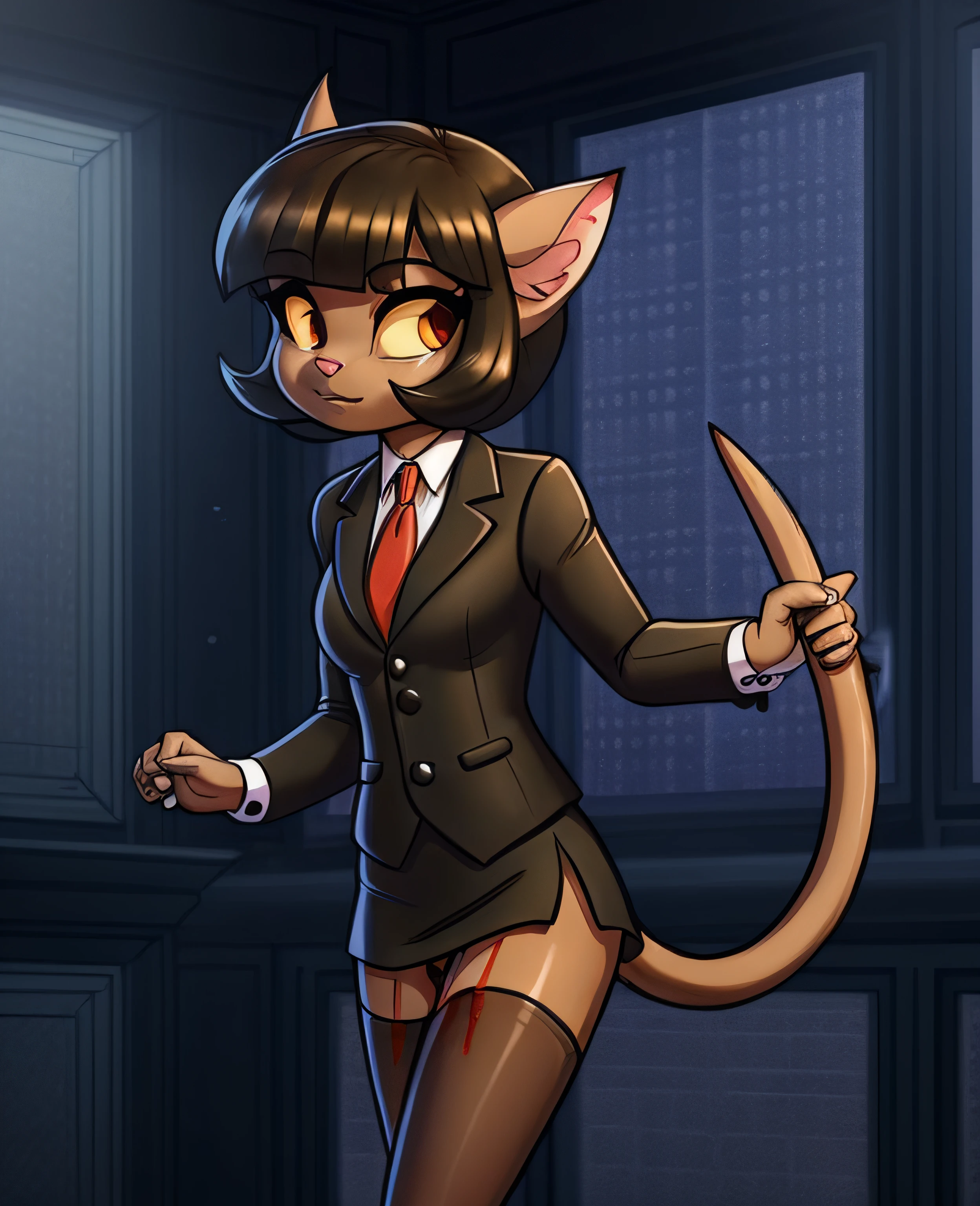 female, (Detailed face), (solo:1.1), [(thin:1.1) : small petite : (ivy pepper):4], (Detailed face), (more details, detailed background:1.1), (tail:1.1), satin skirt suit, pinstripe suit and tie, (((three-piece suit))), ((suit jacket with waistcoat)), silk dress shirt, shirt and tie, striped necktie, (((blazer))), (((suit jacket))), (((open jacket))), ((waistcoat)), (((bodycon miniskirt))), tights, (((pocket square))), (((tie clip))), (((cufflinks))), (((tail))), decapitation, headless, severed head, head cut off, beheading, beheaded, gore, blood, death