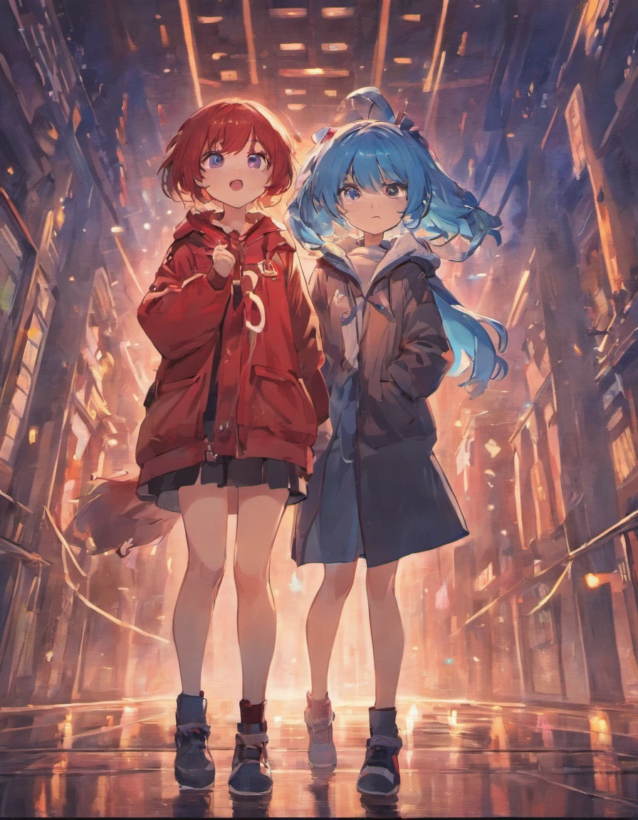 Blue haired girl、Girl with red hair、length hair、Side tail、The two are good friends、parka、cardigan、a miniskirt