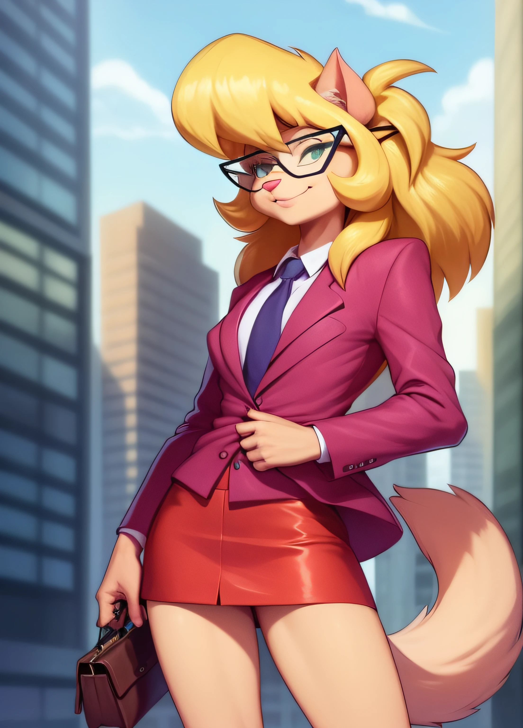 calliebriggs, furry female anthro, cat girl, full body, red skirt suit, necktie, (((three-piece suit))), ((suit jacket with waistcoat)), silk dress shirt, shirt and tie, necktie, (((blazer))), (((suit jacket))), (((open jacket))), ((waistcoat)), (((bodycon miniskirt))), high heels, solo, (body fur:1.2), (best quality), (detailed urban background:1.2), dramatic lighting, (detailed fluffy fur:1.1), looking at viewer,  smile, glasses, tail,