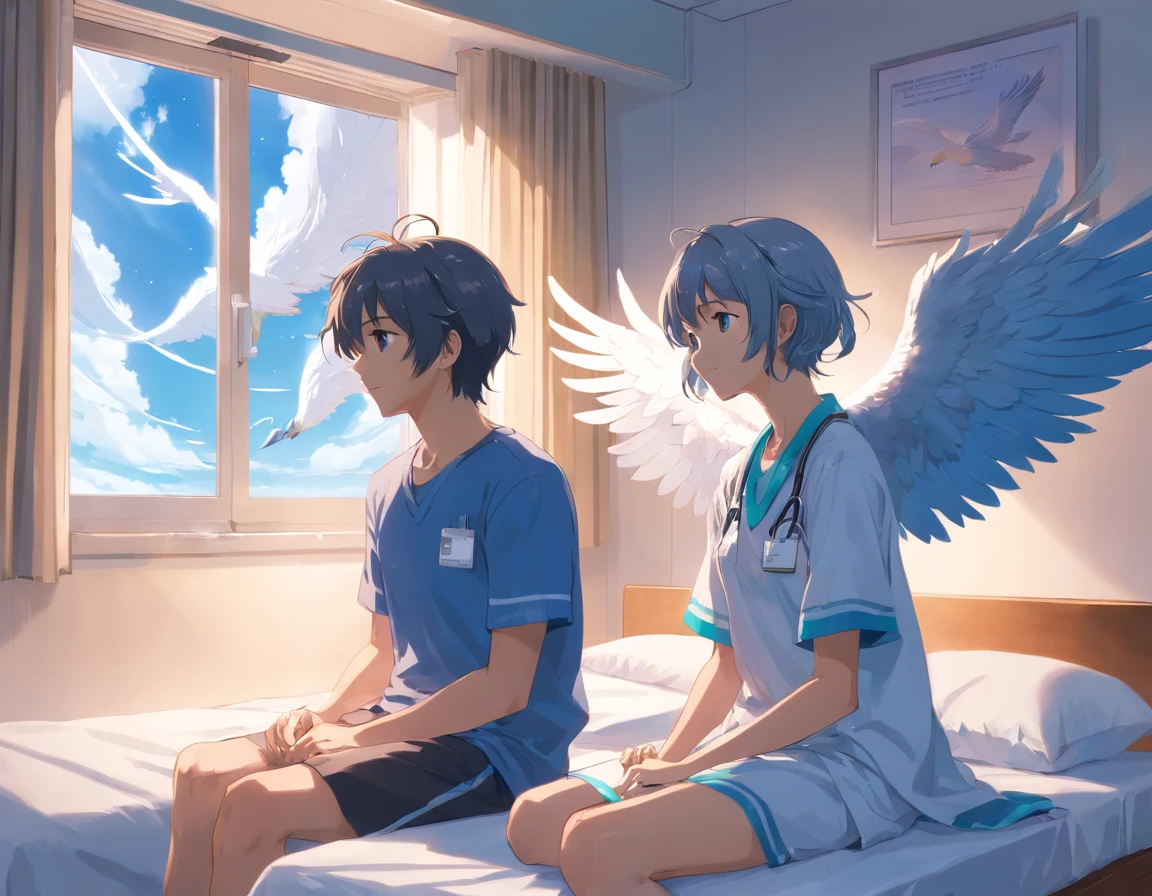 in a small white hospital room, a young skinny girl with grey hair is sitting on the patient's bed near the window on the left side of the picture. She stared at the end of her bed, where a completely white male angel just the same size as her who also looking at her. He only wear a long white clothes, he has a glowing blue halo on his head and a large eagle wing on his back
