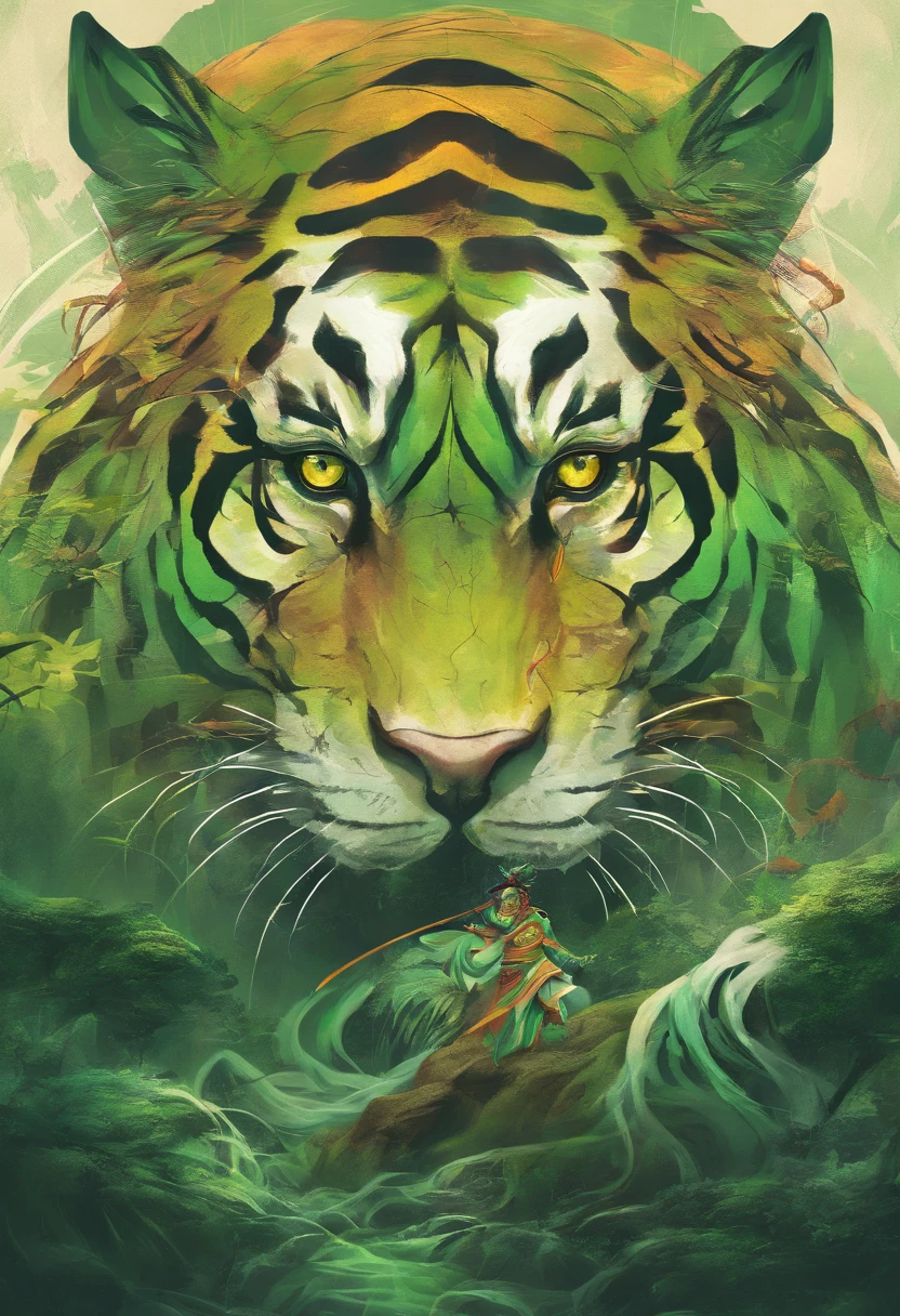 chinese style，Chinese mythology，tigre，Petrifying，Green dominant color