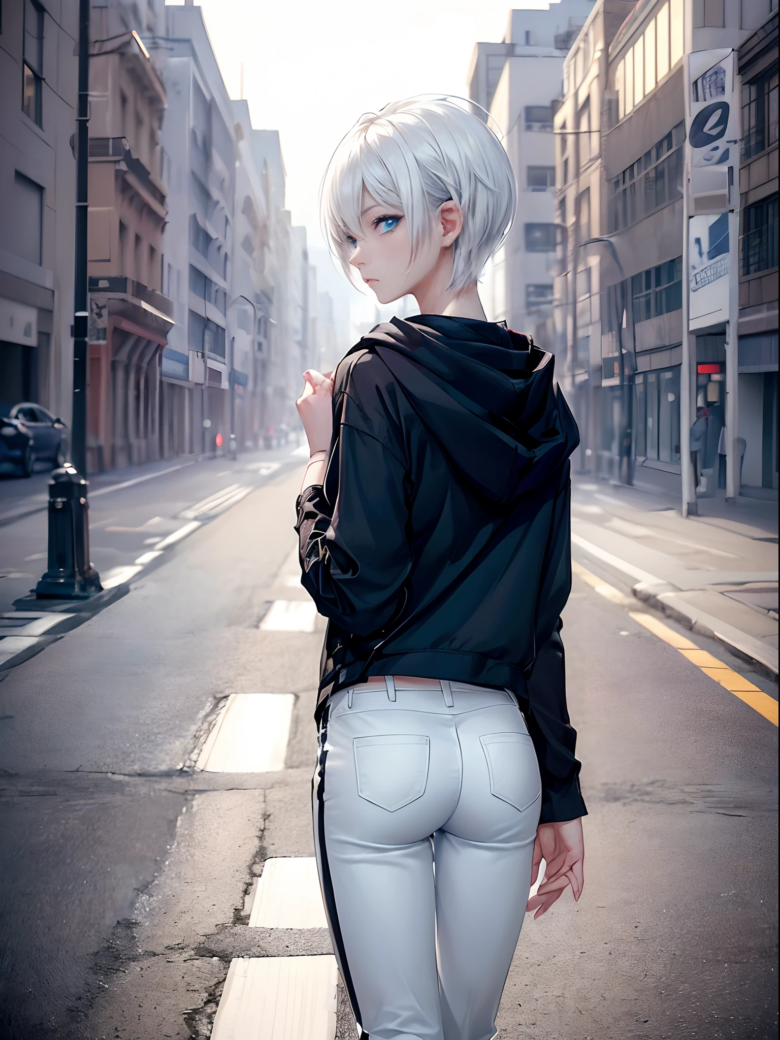 ((4K works))、​masterpiece、(top-quality)、One Beautiful Girl、Slim body、tall、((Black Y-shirt and white pants、Charming street style))、Please wear one jacket、Wearing a hood to hide his face、(Detailed beautiful eyes)、Midnight Walk、During the walk、Walking under a dark sky、saddened、suffocating、desolate、Solitude、unhappy、((Face similar to Carly Rae Jepsen))、((Short-haired white hair))、((Smaller face))、((Neutral face))、((Bright blue eyes))、((American adult women))、((Adult female 26 years old))、((cool lady))、((Like a celebrity))、((sad look))、((Korean Makeup))、((elongated and sharp eyes))、((Happy dating))、((boyish))、Professional Photos、((Shot alone))、((He is on a walk))、((He is walking in front of the viewer))、((shot from back))、((Photographed so that the back of her head is visible))