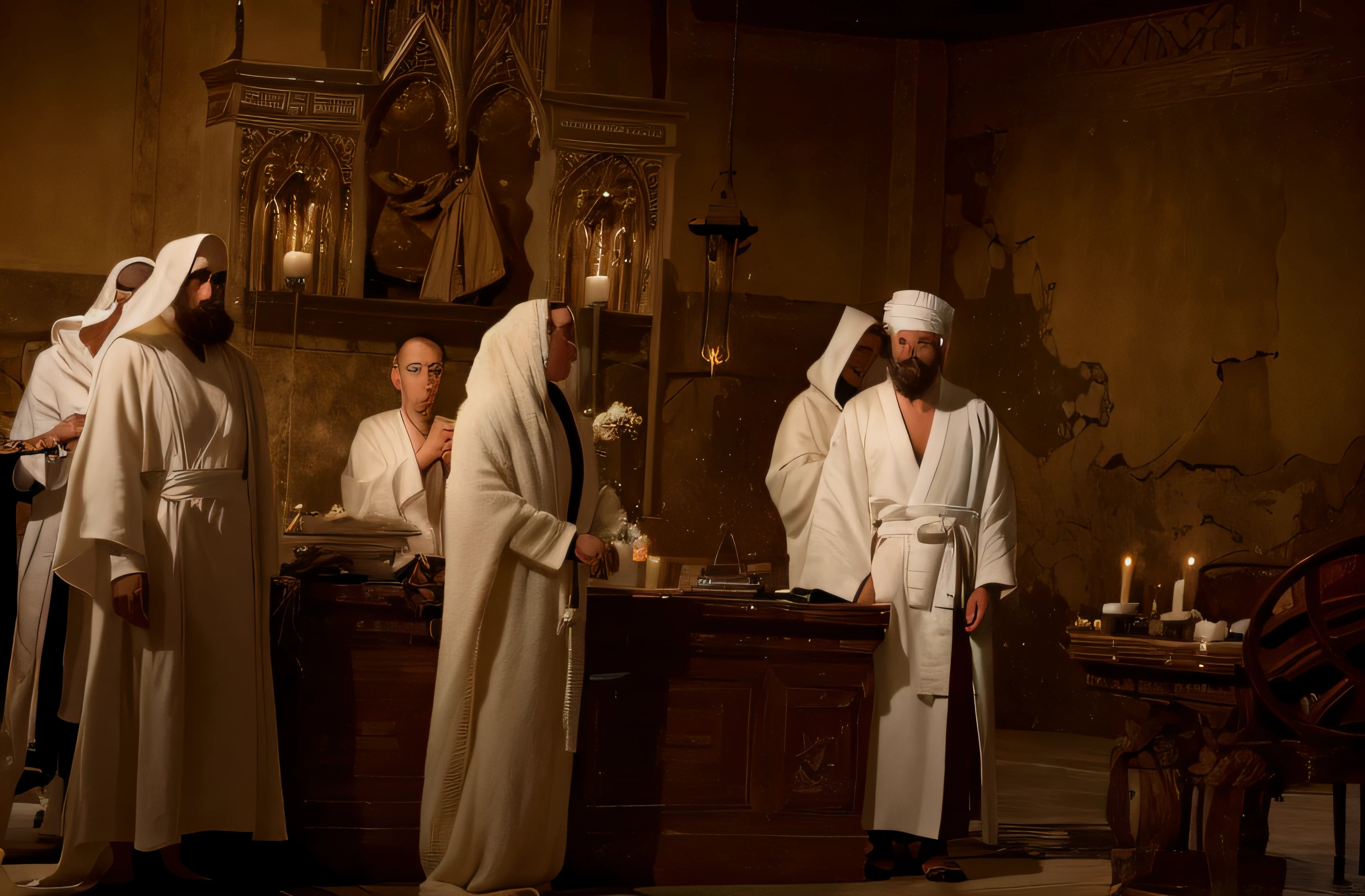 Several people in white robes are standing around the table, robed figures sat around a table, dressed in white robes, white robes, clad in robes, wearing a white robe, Ancient kings in white robes, covered in robes, wearing robe, flowing white robes, religious robes, golden-white robes, wearing a white robe!, wearing flowing robes, in robes,Dark depiction of photos 8K,Dark atmosphere, Professional Photography, hight resolution, Advanced analytics,Vivid depiction of human face,Dangerous rituals、Draw the face clearly、Vivid depiction of the face of a person in a robe、4K,darkness,Draw your face clearly、Detailed description of the face