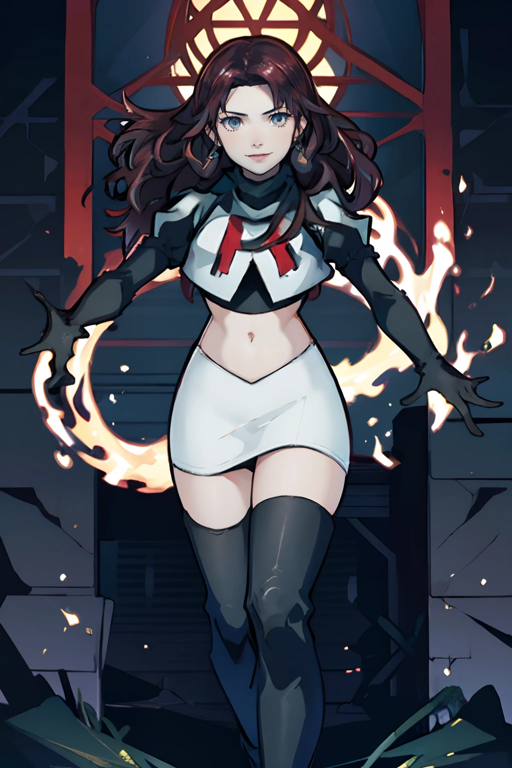 face of Dorothea (Fire Emblem: Three Houses),1girl,team rocket,team rocket uniform, red letter R, white skirt,white crop top,black thigh-highs,black elbow gloves, evil smile