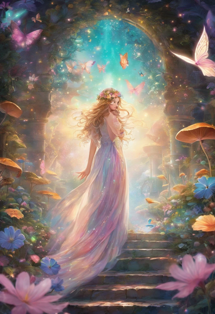 (Best Quality,4K,8K,hight resolution,masutepiece:1.2),Ultra-detailed,(Realistic,Photorealistic,Photorealsitic:1.37),Fairy queen,Shining spells,fantasy forest,Beautiful detailed eyes,Detailed lips,enchanting atmosphere,Twinkling lights,fairy wings,Crown of delicate flowers,Magical surroundings,mystical creatures,ethereal beauty,Magic Twinkle,Little magic,Elegant gown,Graceful movement,Nature Spirits,Dappled sunlight,Whispering Tree々,Sparkling waterfalls,Ethereal fog,Enchanted creatures,Otherworldly aura,Soft pastel colors,soft and warm lighting,Majestic castle,pixiedust,Charming flowers and plants,Sparkling Crystal,dreamy ambiance,Tranquility and peace,Whimsical and seductive,floating flower petals,gentle wind,Captivating melodies,Hidden paths and secret groves,Glowing mushrooms,Um ser celestial,Fairy Dust