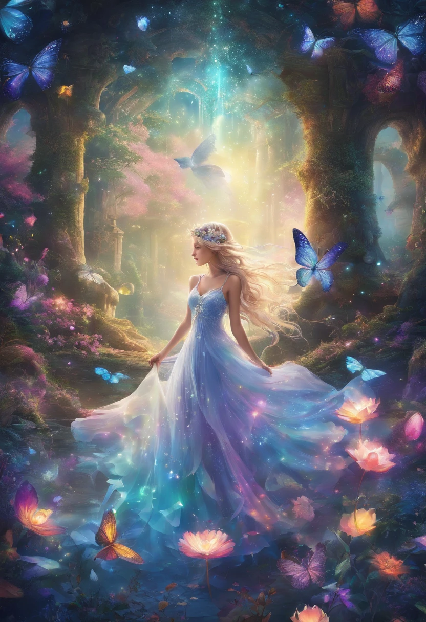 (Best Quality,4K,8K,hight resolution,masutepiece:1.2),Ultra-detailed,(Realistic,Photorealistic,Photorealsitic:1.37),Fairy queen,Shining spells,fantasy forest,Beautiful detailed eyes,Detailed lips,enchanting atmosphere,Twinkling lights,fairy wings,Crown of delicate flowers,Magical surroundings,mystical creatures,ethereal beauty,Magic twinkle,A small piece of magic,Elegant gown,Graceful movement,Nature Spirits,Dappled sunlight,Whispering Tree々,Sparkling waterfalls,Ethereal fog,Enchanted creatures,Otherworldly aura,Soft pastel colors,soft and warm lighting,Majestic castle,pixiedust,Fascinating flowers and plants,Sparkling Crystal,dreamy ambiance,Calm and peace,Whimsical and seductive,floating flower petals,gentle wind,Captivating melodies,Hidden paths and secret groves,Glowing mushrooms,Um ser celestial,Fairy Dust