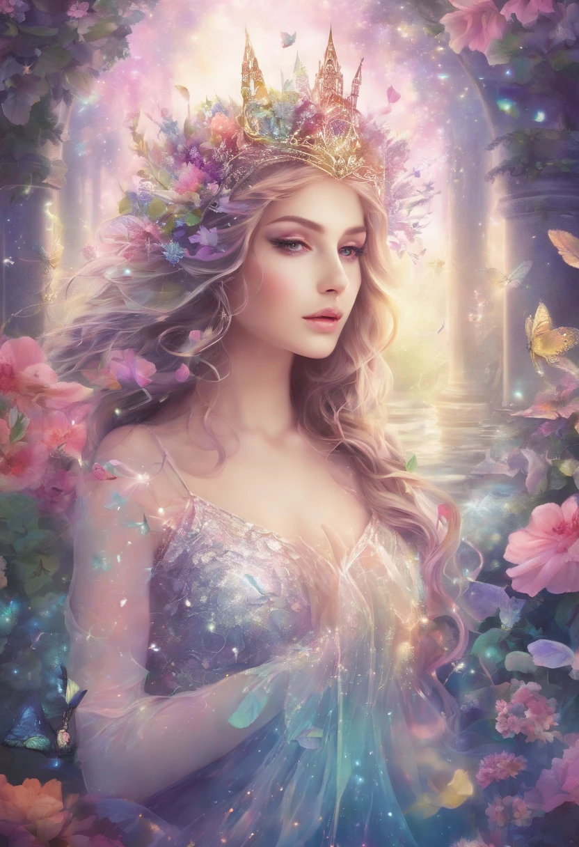 (Best Quality,4K,8K,hight resolution,masutepiece:1.2),Ultra-detailed,(Realistic,Photorealistic,Photorealsitic:1.37),Fairy queen,Shining spells,fantasy forest,Beautiful detailed eyes,Detailed lips,enchanting atmosphere,Twinkling lights,fairy wings,Crown of delicate flowers,Magical surroundings,mystical creatures,ethereal beauty,Magic Twinkle,Little magic,Elegant gown,Graceful movement,Nature Spirits,Dappled sunlight,Whispering Tree々,Sparkling waterfalls,Ethereal fog,Enchanted creatures,Otherworldly aura,Soft pastel colors,soft and warm lighting,Majestic castle,pixiedust,Charming flowers and plants,Sparkling Crystal,dreamy ambiance,Tranquility and peace,Whimsical and seductive,floating flower petals,gentle wind,Captivating melodies,Hidden paths and secret groves,Glowing mushrooms,Um ser celestial,Fairy Dust