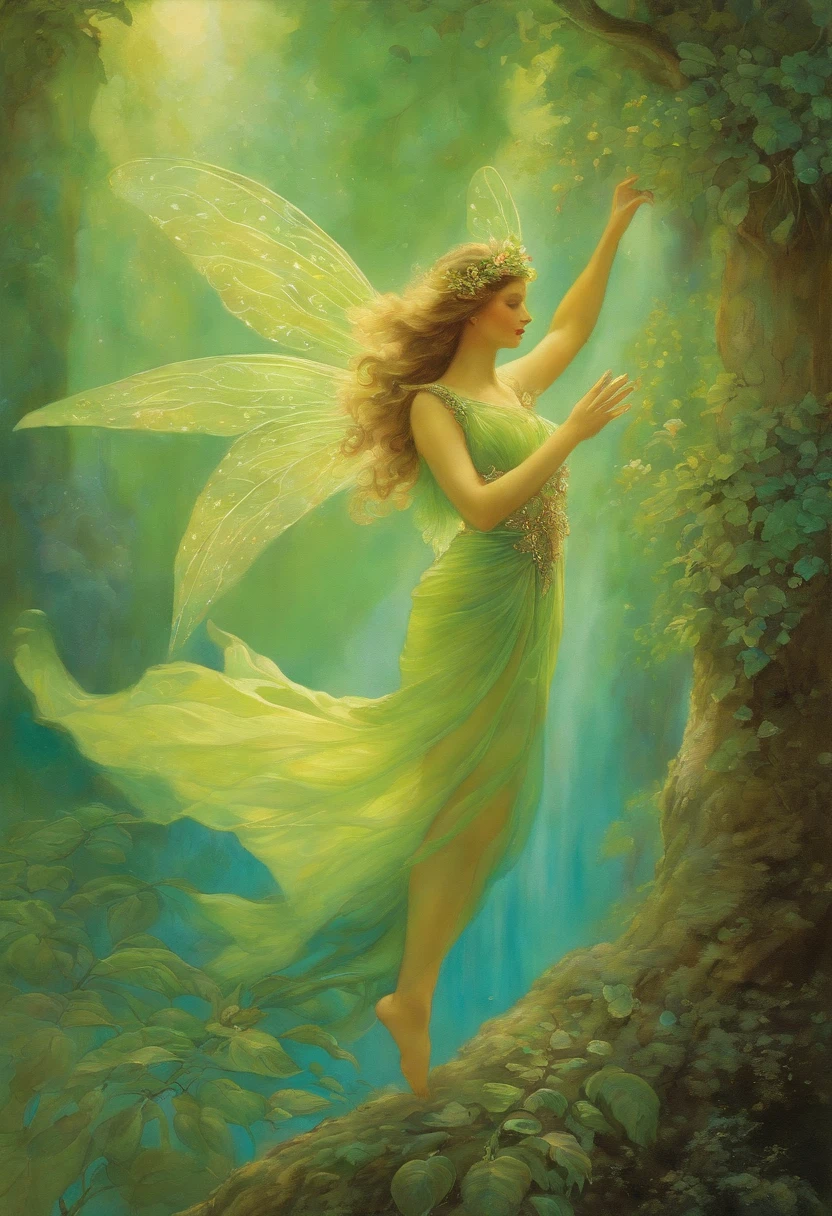 Fairy Dance, Elegant, Very charming and beautiful Daniel Merriam, Josephine Wall, Magenta decoration by Alphonse Mucha and Ralph McQuarrie, aqua, Lime green.  .watercolor paiting, wet on wet,