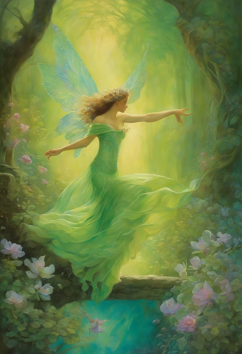 Fairy Dance, Elegant, Very charming and beautiful Daniel Merriam, Josephine Wall, Magenta decoration by Alphonse Mucha and Ralph McQuarrie, aqua, Lime green. .watercolor paiting, wet on wet,