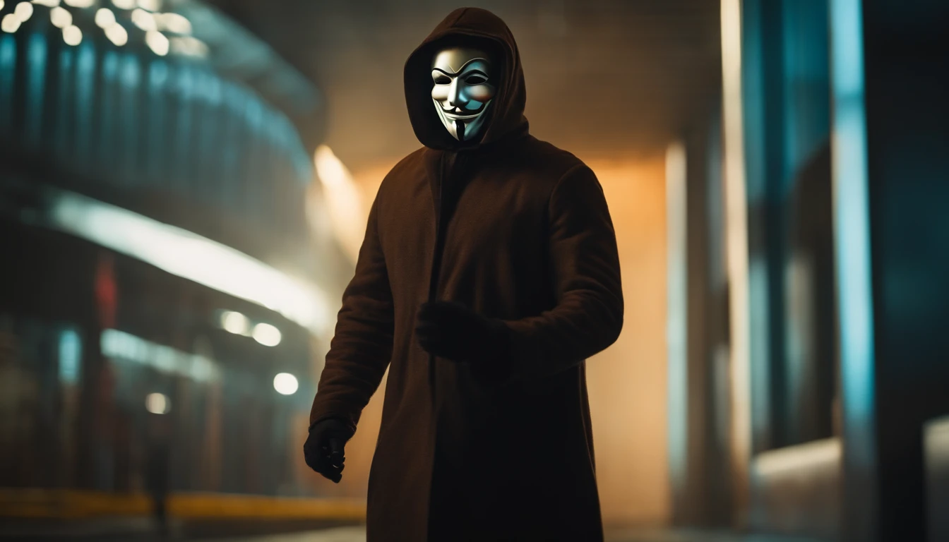 Retracted from a man with cinematic lights, who is wearing a mask that covers only half of their face. With a serious smile on his face and the mask with a smile that represents falsehood and deceit.