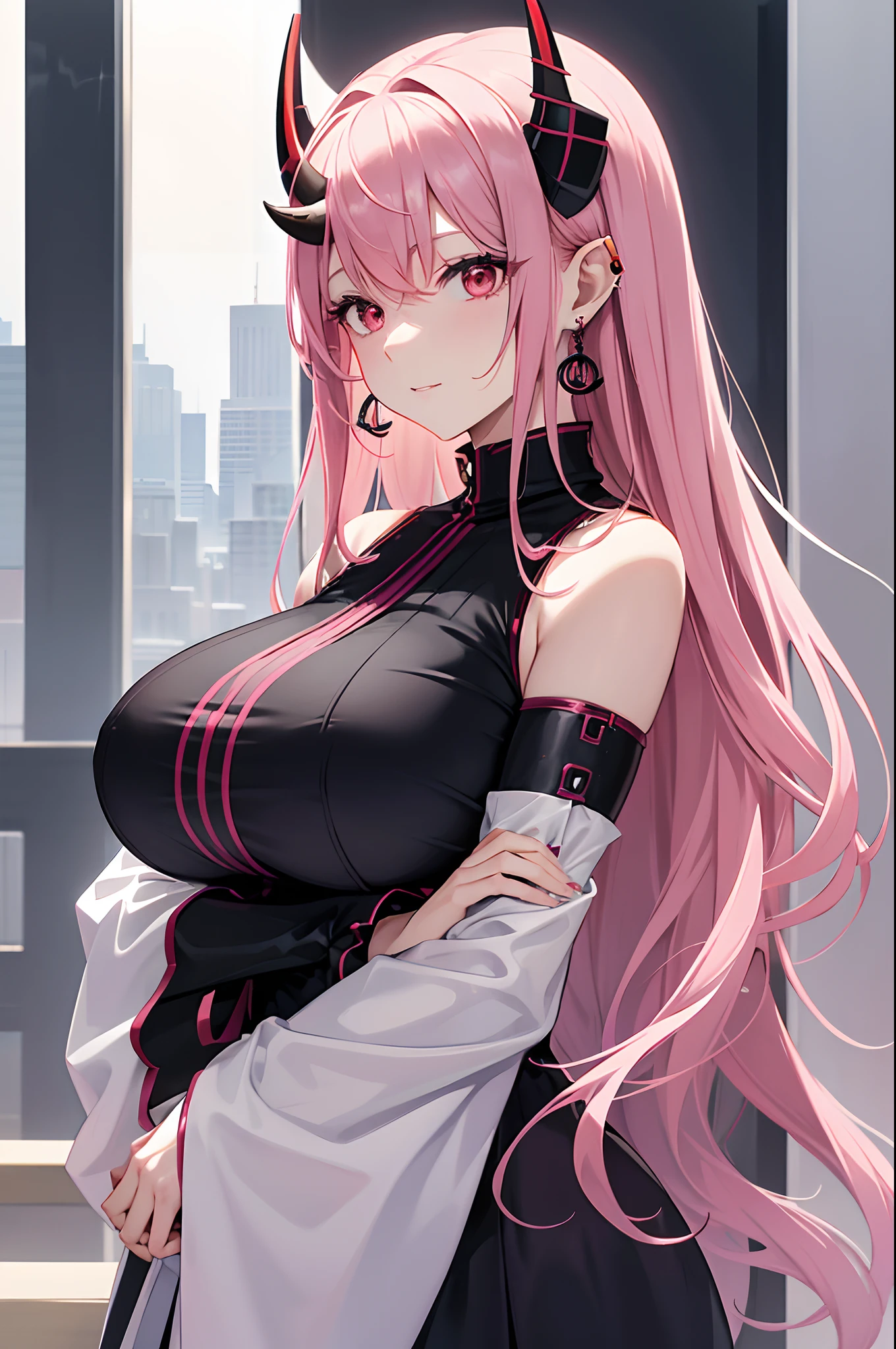 Cover magazine. anime, adult woman, middle aged woman, solo, long hair, pink hair, red eyes, two horn, demon horn, black horn, complex horn, demon woman, model, beautiful, fantasy, Casual clothes. Hair accessories. Unusual hairstyles. Earrings. Greeting. Sharp ears. Big breast. Upper body. Soft smile. Beautiful anime art.