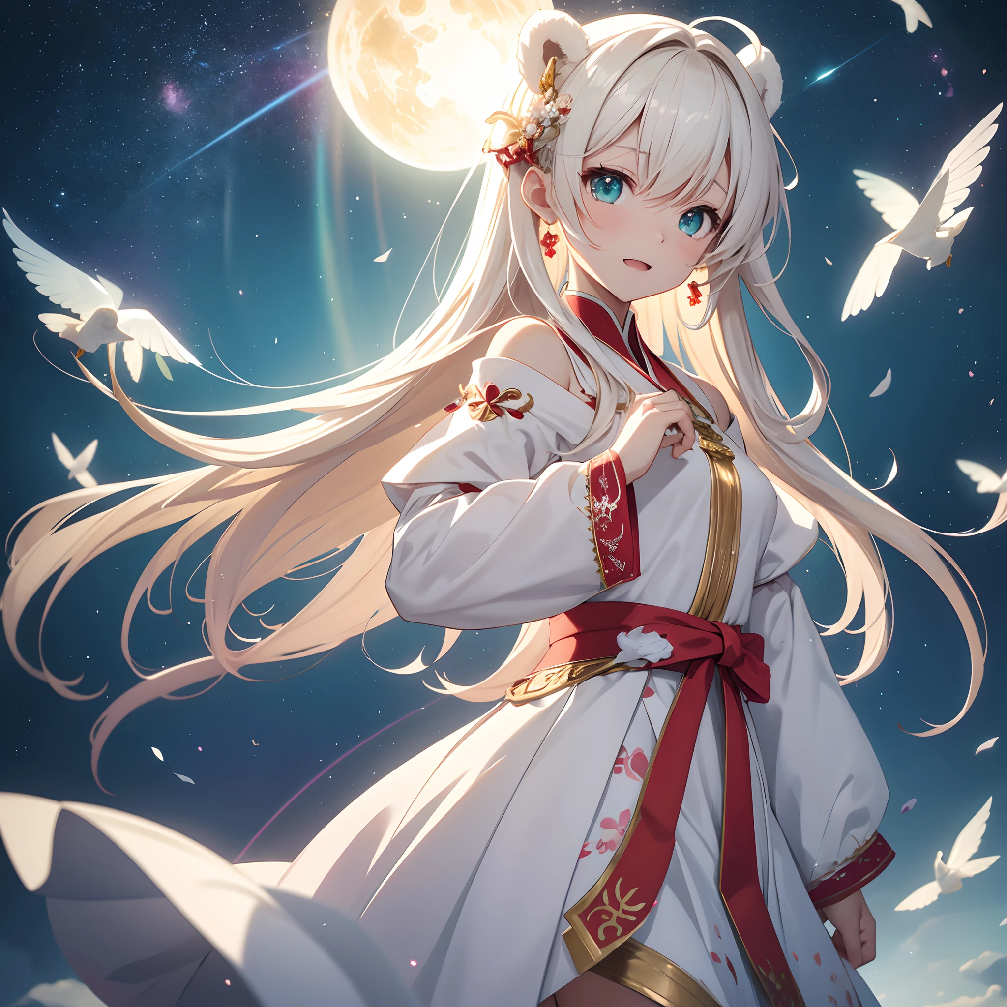 Anime style、Kawaii Girl、sketch、Chibikko、Deformed Character、SD Character、White and red priestess costume、Clothes with fine embroidery、Idol style、Gaze at the sky、Open mouth and look of surprise and joy、appearance々Rings of light floating in all directions、Golden hair、Long hair、sideburns are short、Hanikami smile、Round Eye、Eyes color is transparent emerald、colored pencil picture、Ultra-definition depiction of the background、The area is shrouded in thick fog, however、Only one corner is illuminated by rays of light、There is a white bear whose whole body is enveloped in light、Deities々A space filled with dazzling light、Hundreds of balls of light and particles of light drift around、