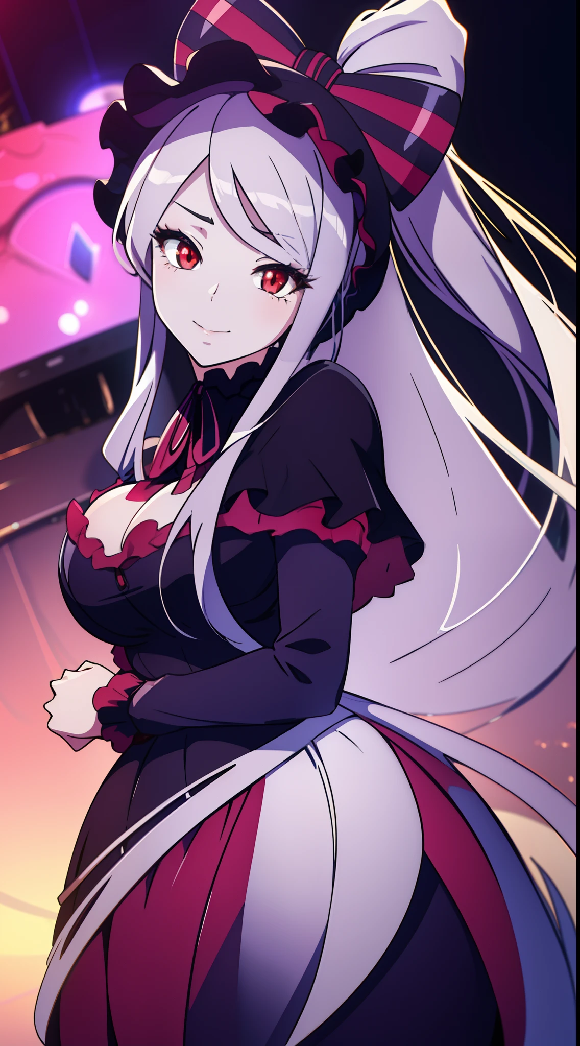 masterpiece, best quality, (colorful), (delicate eyes and face), volumetric light, ray tracing, extremely detailed CG unity 8k wallpaper, shalltear, gray hair, very long hair, medium breasts, red eyes, pony tail, bonnet, hair bow, black dress, looking at viewer, seductive smile, captivating pose, cowboy shot, simple background