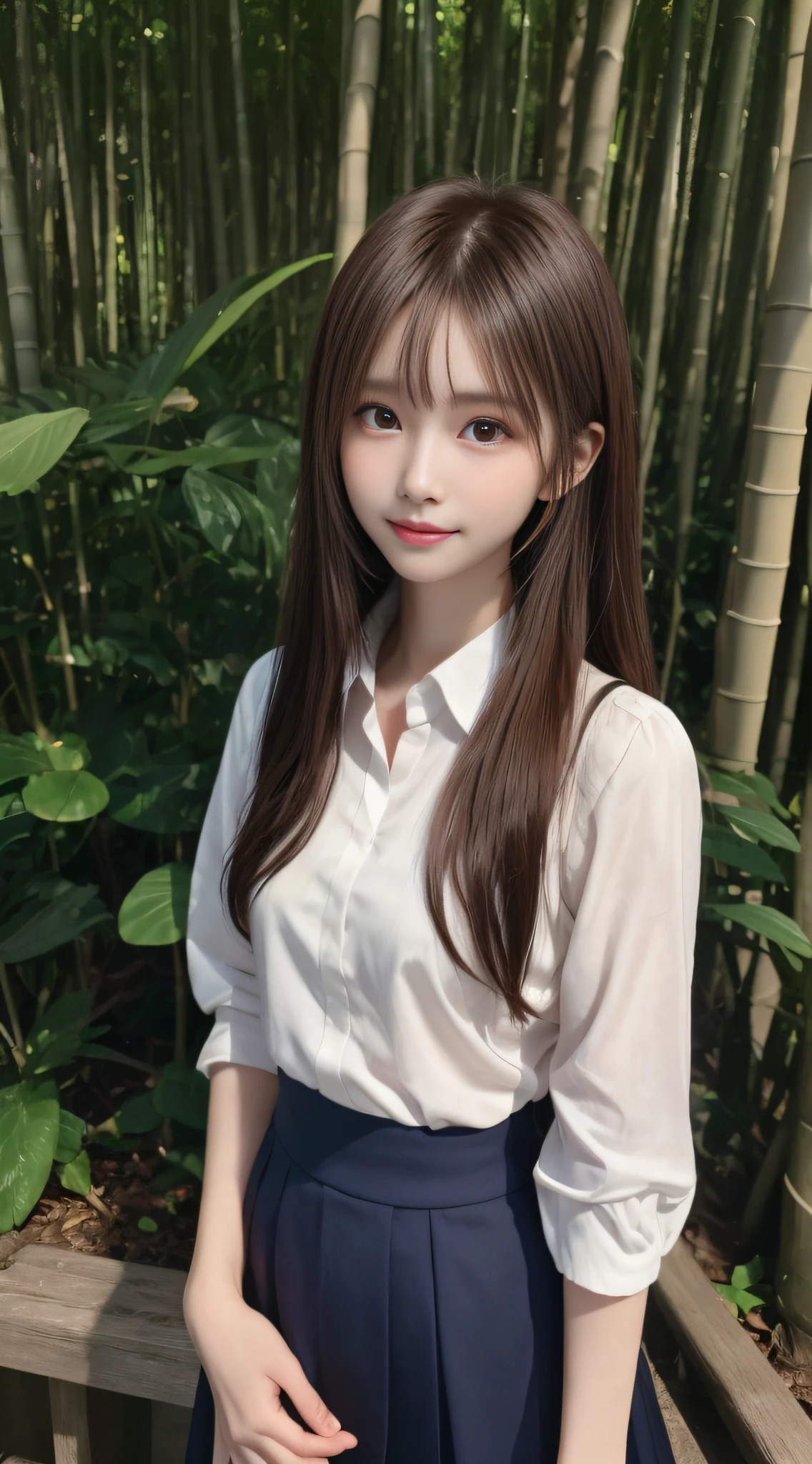 1womanl, (middlebreasts), light brown hair, Blunt bangs, hair behind ear, hair over shoulder, (Long hair),wetting hair,( slender body shape), (Ultra Fine Face), Delicate lips,(beautidful eyes), thin blush, Brown eyes, (shinny skin, flawless skin :1.3),hide one's hands,(white shirt, Dark blue flared skirt),(Japan Schoolgirls),Smile,,bustshot,(bamboo forrest:1.5)