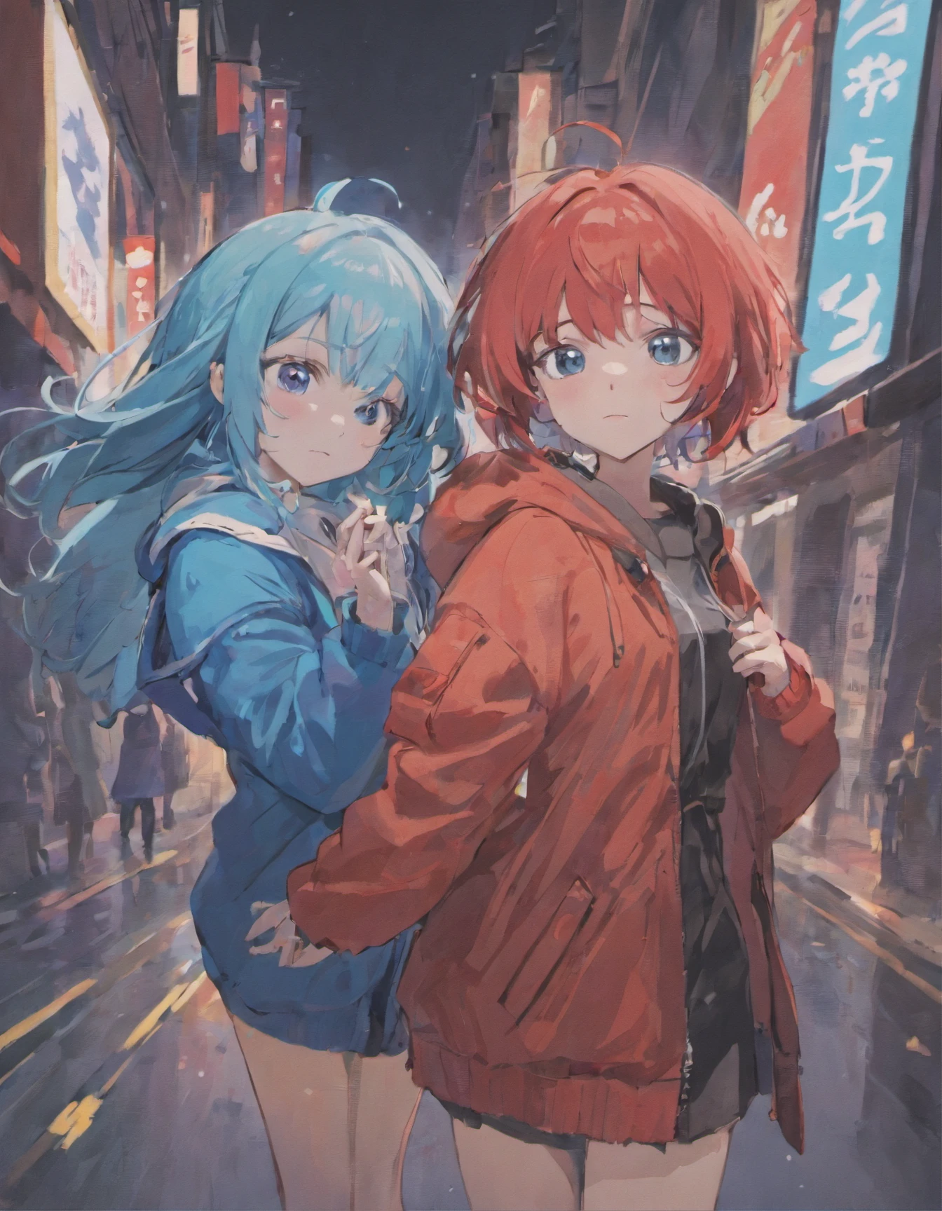 Blue haired girl、Girl with red hair、The two are good friends、parka、cardigan、a miniskirt、a beauty girl