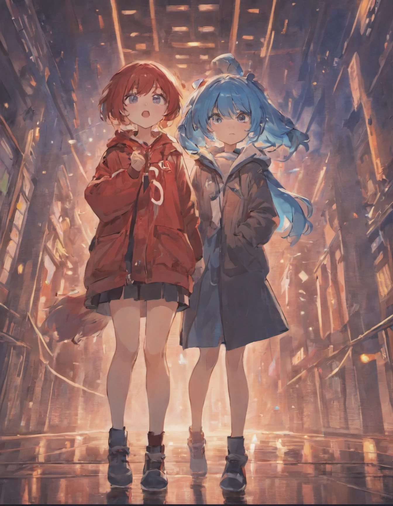 Blue haired girl、Girl with red hair、length hair、Side tail、The two are good friends、parka、cardigan、a miniskirt