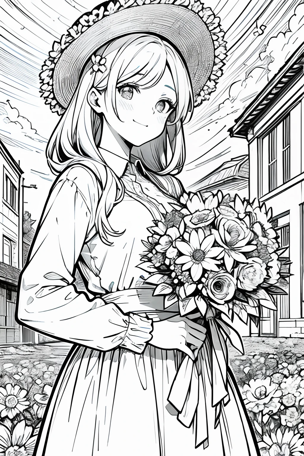 obra maestra, mejor calidad, 1 barbie, solo, cabello largo, mirando al espectador, sonrisa, flequillo, falda, camisa, mangas largas, sombrero, vestido, arco, participation, boca cerrada, flor, volantes, flor del cabello, flower petals, ramo de flores, Clamping flower, volantes centrales, hood, flower clamping bouquet, campo, flor, campo, lineart, monocromo,