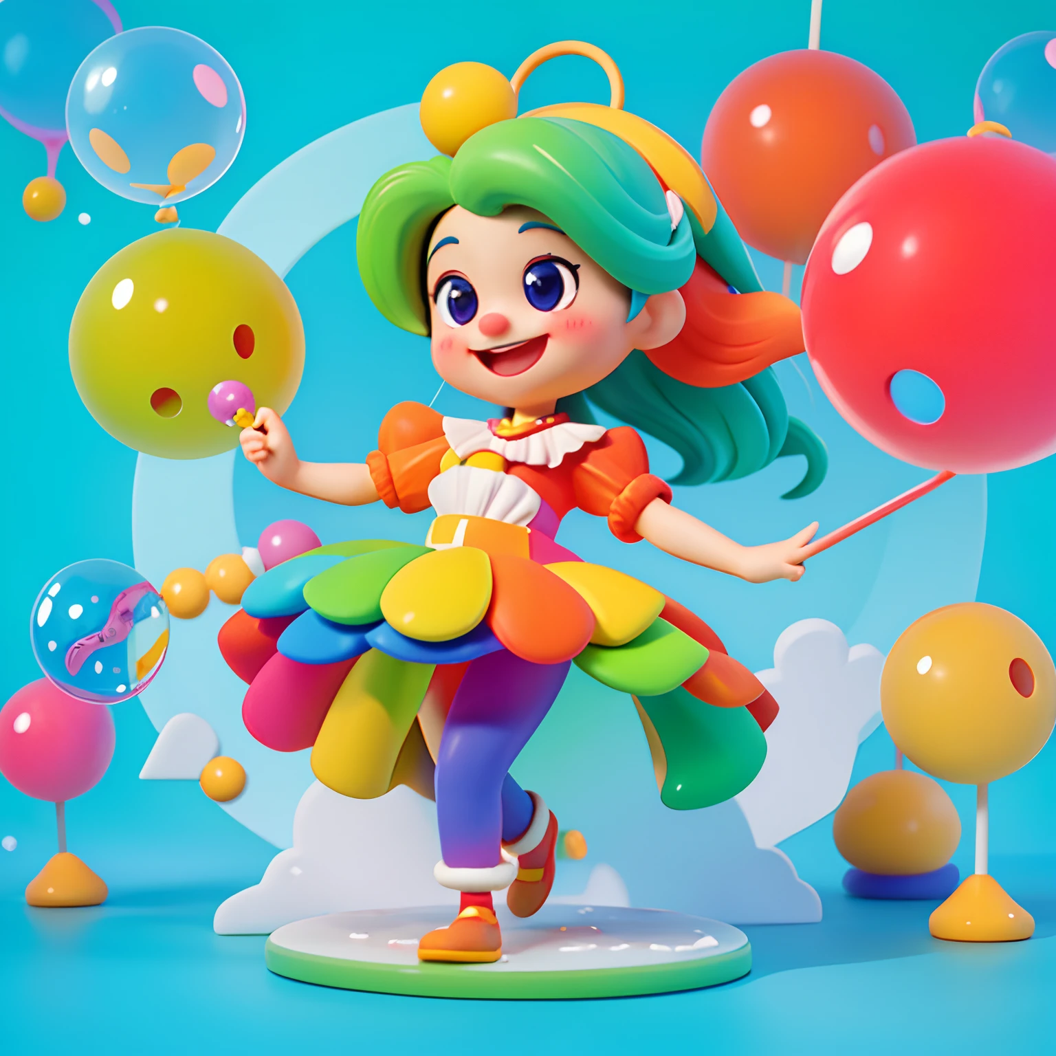 funny clown, bonito, feliz, de perfil, Blowing soap bubbles, feliz, alegria, colorido, muitas cores, imagem em formato de desenho animado, estilo Disney, imagem divertida, bonita, imagem em desenho aninado