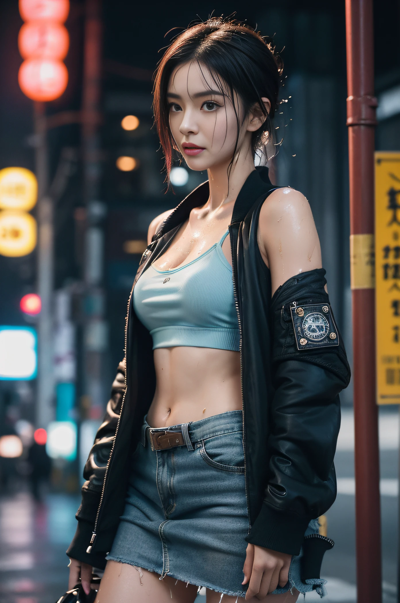 walking down the street、There is a woman with headphones, sideboob barbosa, wearing bra, in a tokyo street, cleavage, over the shoulder closeup, candid shot, Over - Shoulder - Shot, Shot over the shoulder, over shoulder shot, over the shoulder shot, over the shoulder view, blue tight t-shirt, masterpiece, top-quality, hight resolution, dragon balls, blmmid, aqua hair, Medium Hair, bluntbangs, red hairband, medium breasts, The shirt, skirt by the, Indoors, is standing, (masutepiece:1.2), ultra-detailliert, 超A high resolution, (Realistic, photographrealistic:1.37), high-definition RAW color photography, professional photograpy, extremely delicate and beautiful, Extremely detailed, finely detail, Huge file size, highly detailed beautiful girl, extra detailed face, extremely detailed eye, highlydetailed skin, highly detailed nose, highly detail mouth, Perfect Anatomy, Highly detailed background, Shiny skin, (a famous actress of Japan:1.5), (gals:1.25), flat chest, (Brown race, Dark skin, a blond), (Very short hair), Cinematic lighting, (Any pose:1.5), Cowboy Shot, Denim pants, (Wearing a black air bomber jacket with many patches:1.3), (Cyberpunk City:1.45), (Wet skin, Wet hair, Wet cloth:1.4)