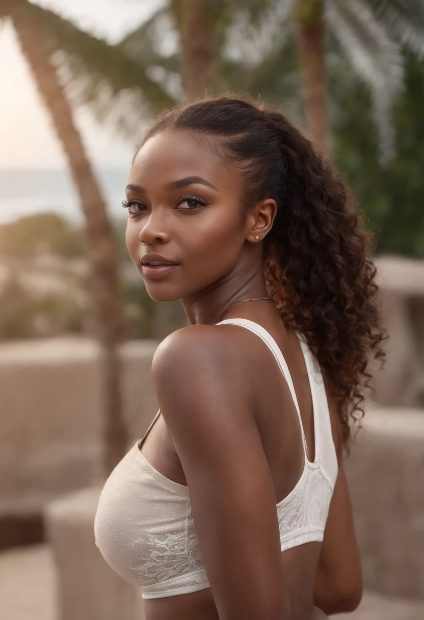 ((Dark African skin, Very deep ebony skin)), ((Its beauty is undeniable)), ((Excited cute face)), ((Hyper detailed perfect eyes,)), ((pose mignonne)), ((Langue sortie)), ((Seductive )), sexy, (( Tight mesh shirt, shorts courts sexy)), ((Afro ponytail with long African curly hair,)), (( peau claire)), ((debout, vue de face)), ((toucher ses propres jambes dans une pose sexy)), ((dehors, Ville publique)), Sharp Focus CGI, photoreallistic, High detail, Realstic, Masterpiece, absurdes, Best quality, Hdr, High quality, high-definition, Extremely detailed, 8k wallpaper, Intricate details, 8K UHD, Full-HD, (photo realist:1.2), contraste, intense illumination, lighting cinematic, natural lighting, veilleuse, Nuit, Illumination globale, Ambient occlusion at the beach, a la piscine