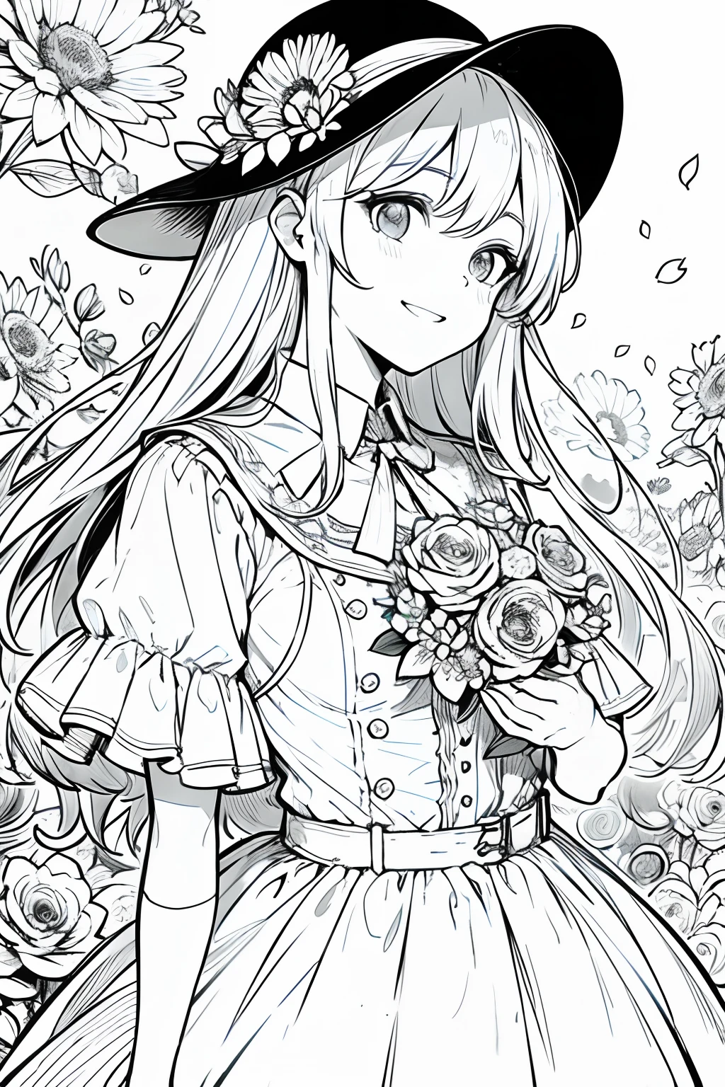obra maestra, mejor calidad, 1 barbie, solo, cabello largo, mirando al espectador, sonrisa, flequillo, falda, camisa, mangas largas, sombrero, vestido, arco, participation, boca cerrada, flor, volantes, flor del cabello, flower petals, ramo de flores, Clamping flower, volantes centrales, hood, flower clamping bouquet, campo, flor, campo, lineart, monocromo,