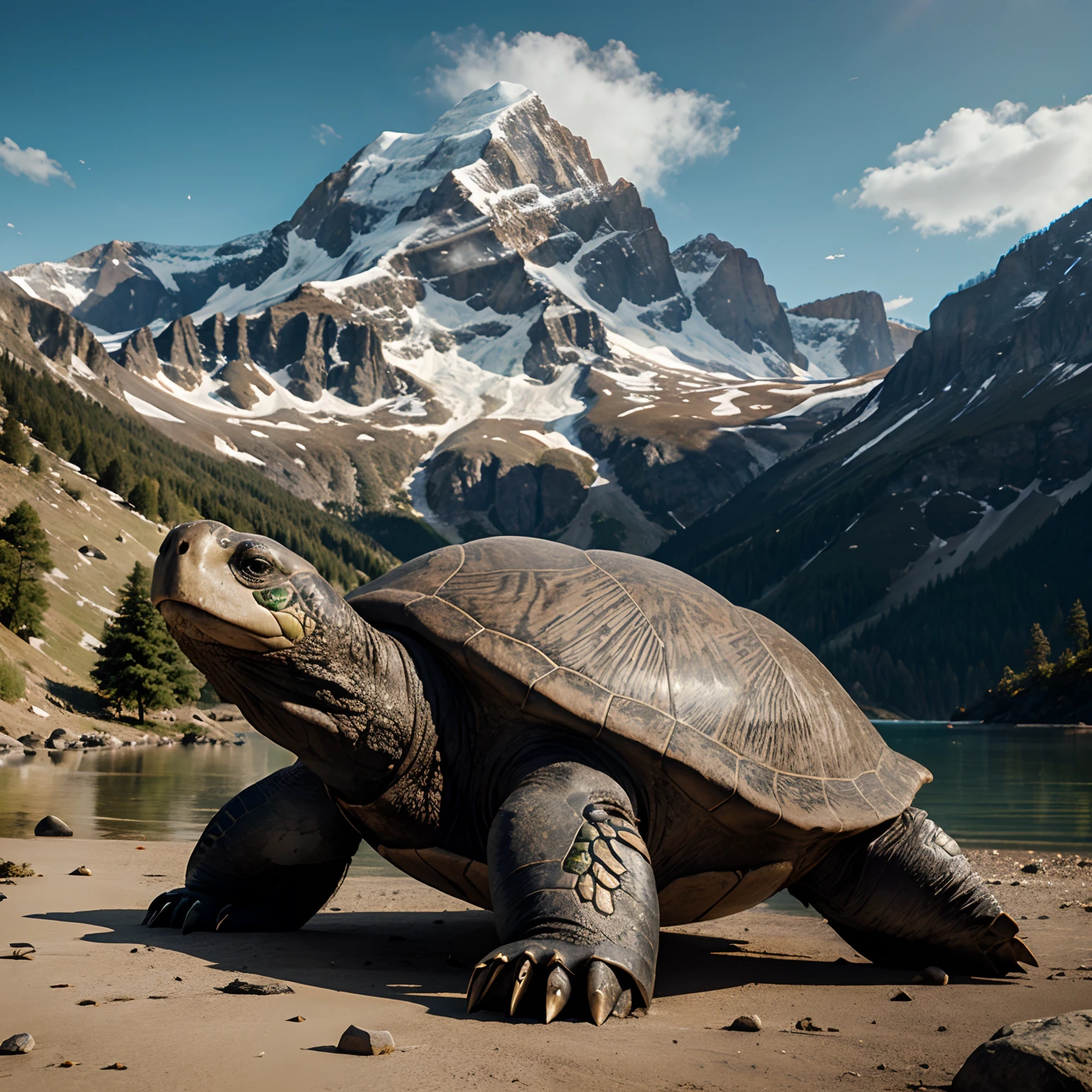 A huge turtle with a big mountain on its back， highly detailed fantasy art