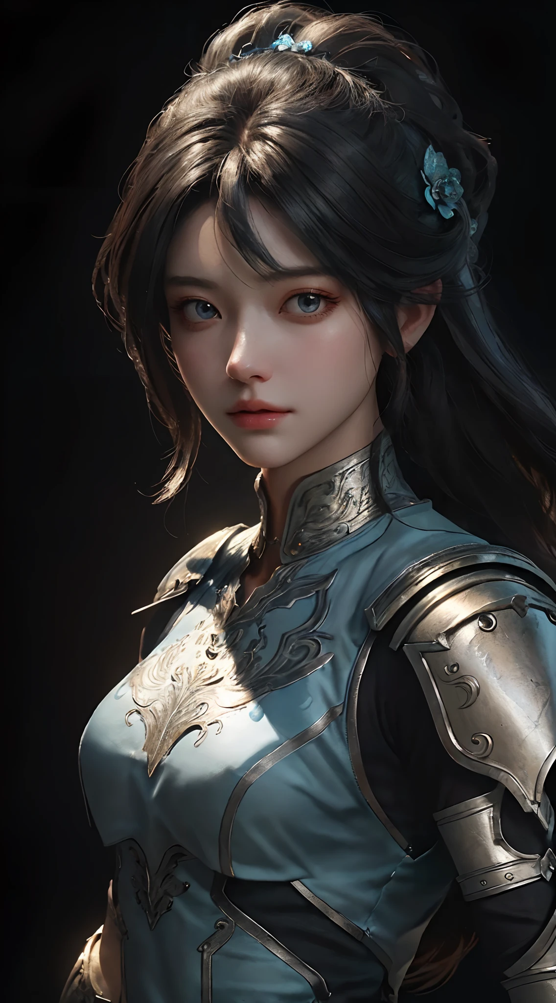 a close up of a woman in a silver and blue dress, chengwei pan on artstation, by Yang J, detailed fantasy art, stunning character art, fanart best artstation, epic exquisite character art, beautiful armor, extremely detailed artgerm, detailed digital anime art, artgerm on artstation pixiv, armor girl