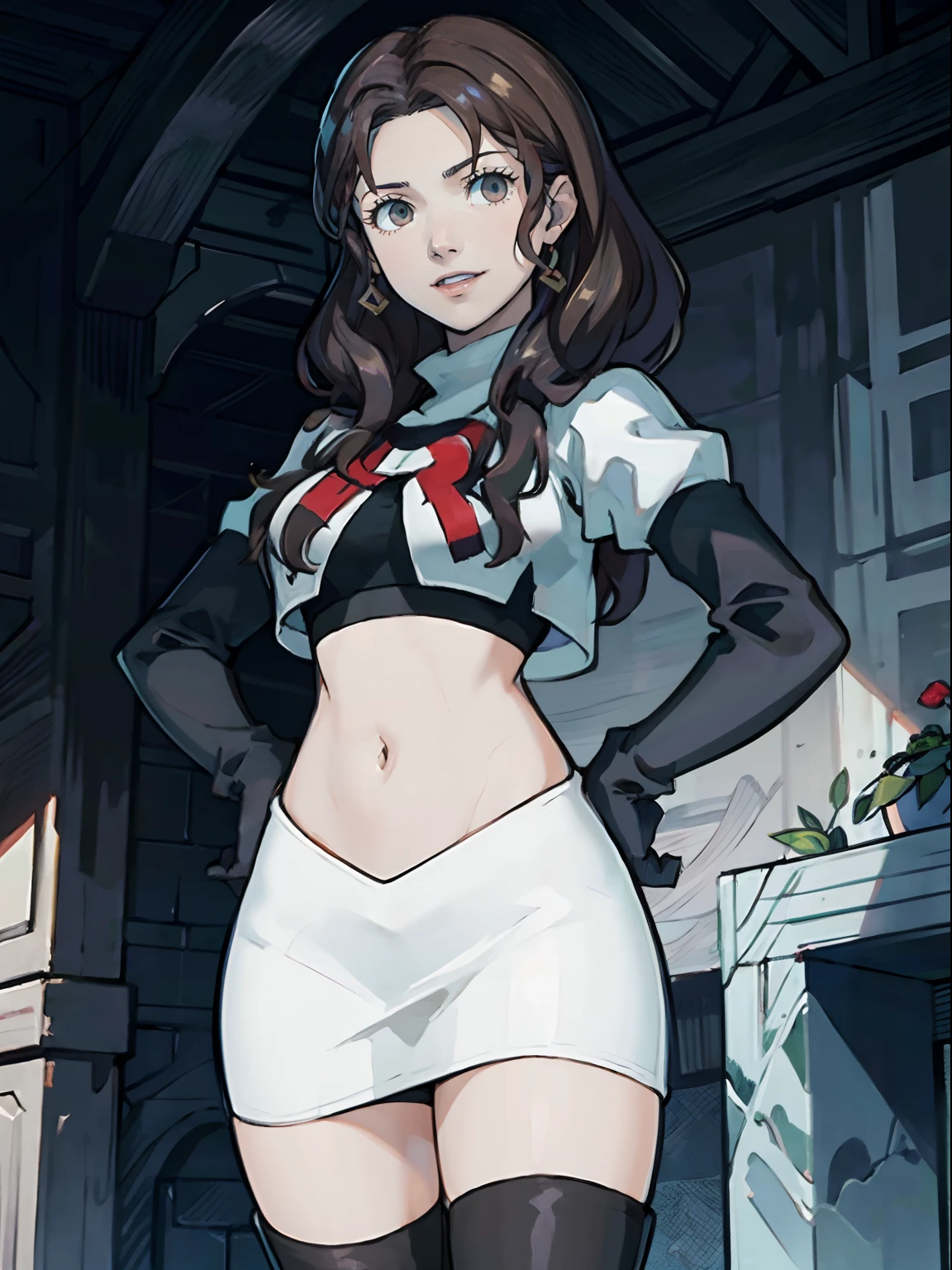 face of Dorothea (Fire Emblem: Three Houses),1girl,team rocket,team rocket uniform, red letter R, white skirt,white crop top,black thigh-highs,black elbow gloves, evil smile, hands on hips