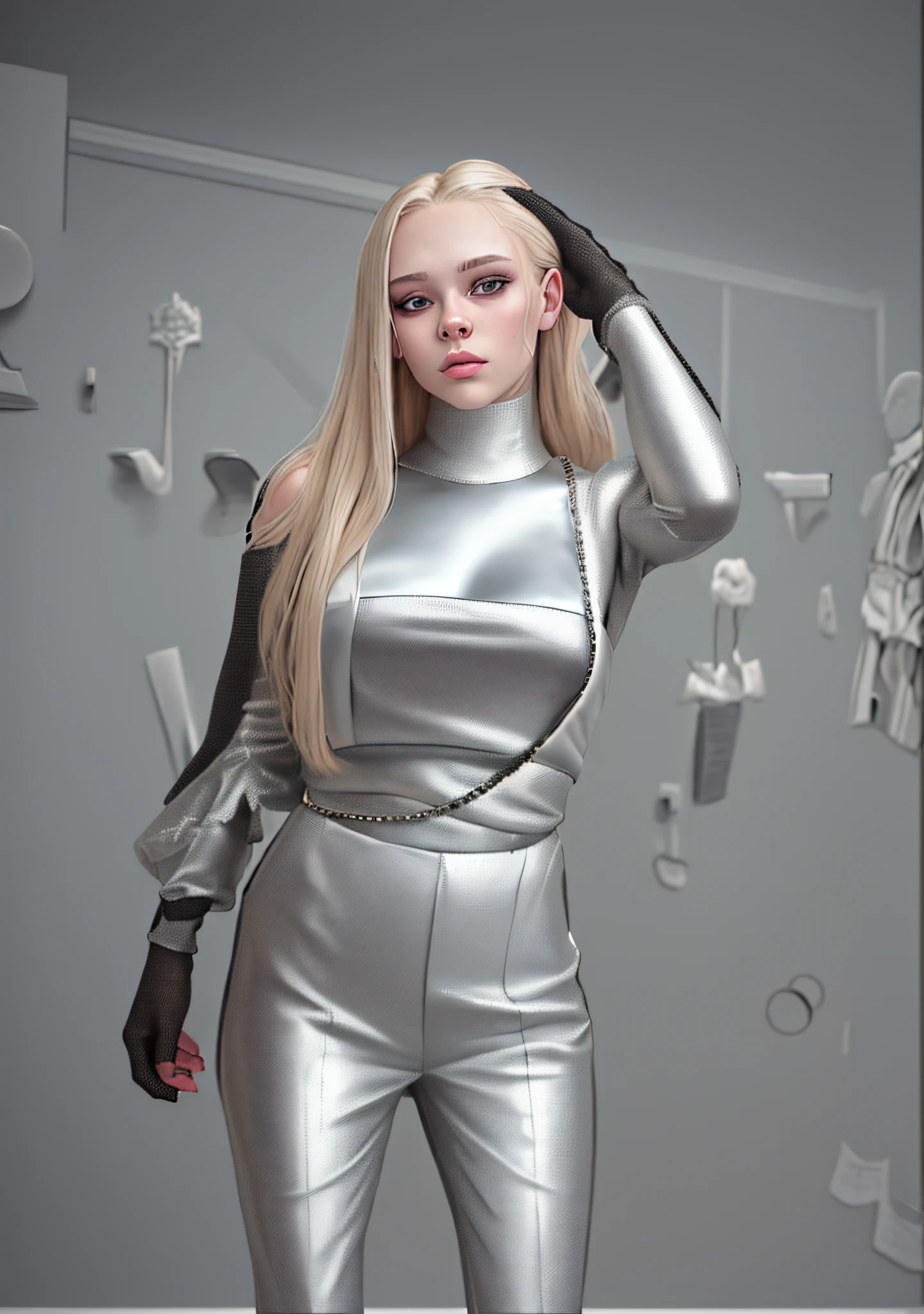 mujer rubia con un top plateado y pantalones blancos posando para una foto, Dasha Taran, Estilo de Julia Razumova, Alexandra Waliszewska, nigth, sydney sweeney, pantalones blancos, hermosa poarch, Llevar un sexy top recortado, por Emma Andijewska, angelina stroganova, Kailee Mandel, Traje blanco