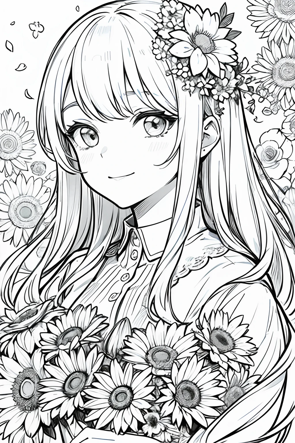 obra maestra, mejor calidad, 1 barbie, solo, cabello largo, mirando al espectador, sonrisa, flequillo, falda, camisa, mangas largas, sombrero, vestido, arco, participation, boca cerrada, flor, volantes, flor del cabello, flower petals, ramo de flores, Clamping flower, volantes centrales, hood, flower clamping bouquet, campo, flor, campo, lineart, monocromo,