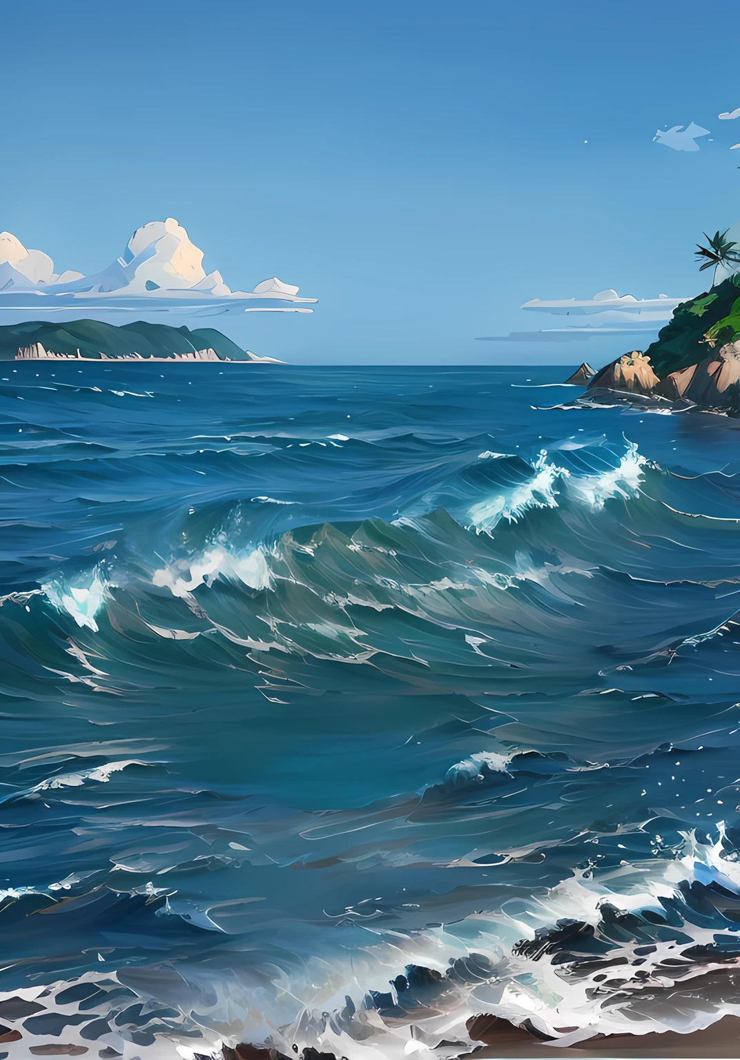 painting of a wave breaking on a beach with a small island in the background, realistic ocean, highly detailed digital painting, very detailed digital painting, digital painting highly detailed, an oil painting. wave, azure waves of water, high detail digital painting, realistic water, gorgeous digital painting, high quality digital painting, detailed digital painting, beautiful digital painting, stunning digital painting